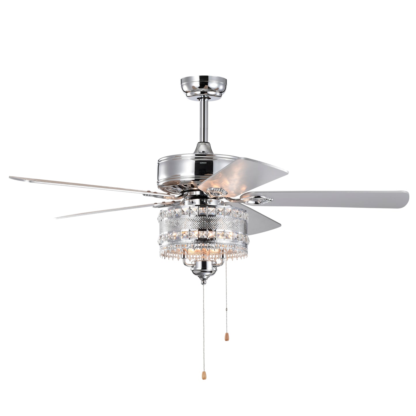 Chrome ceiling fan with five frosted blades and crystal accents perfect for modern living rooms