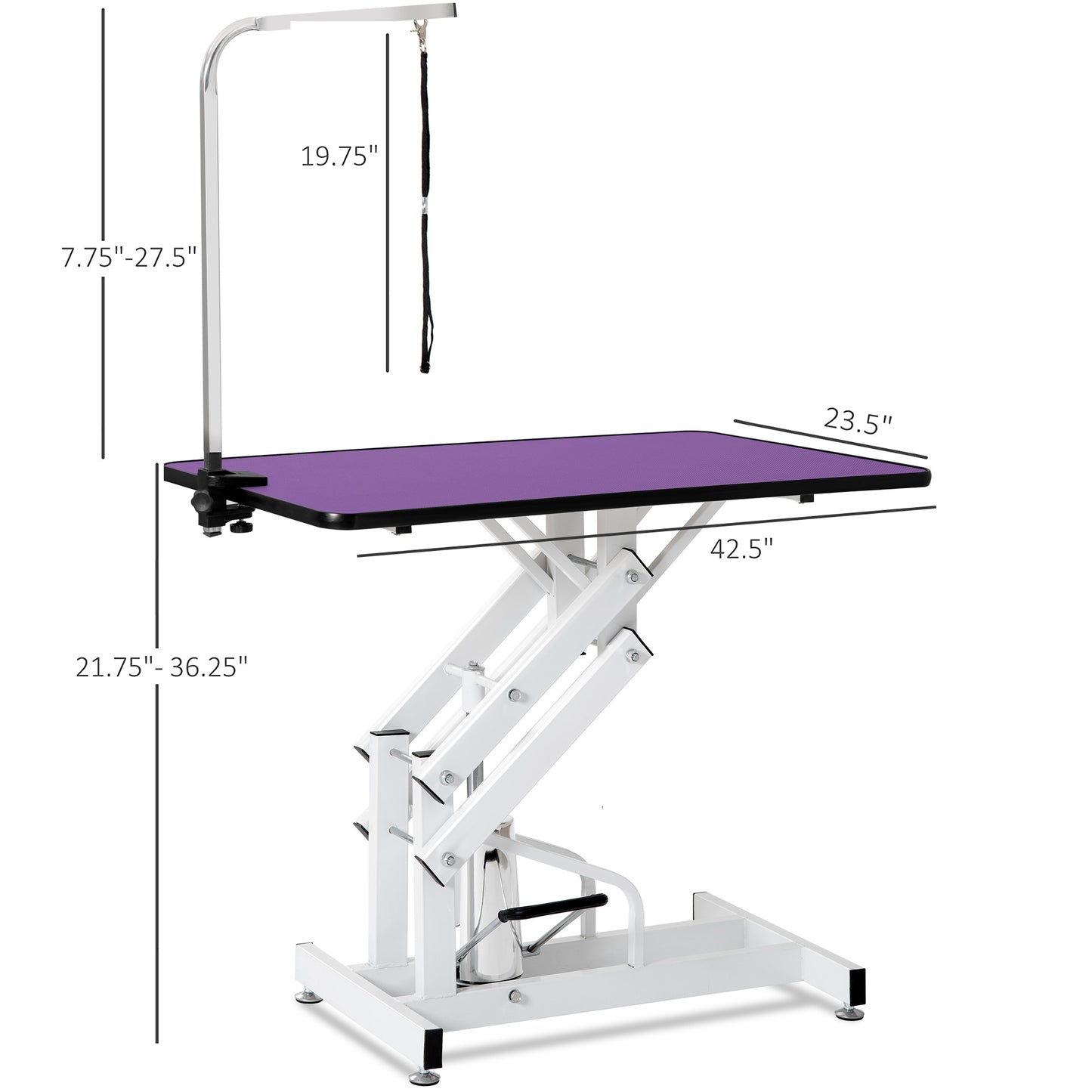 Adjustable purple dog grooming table with adjustable arm and restraint