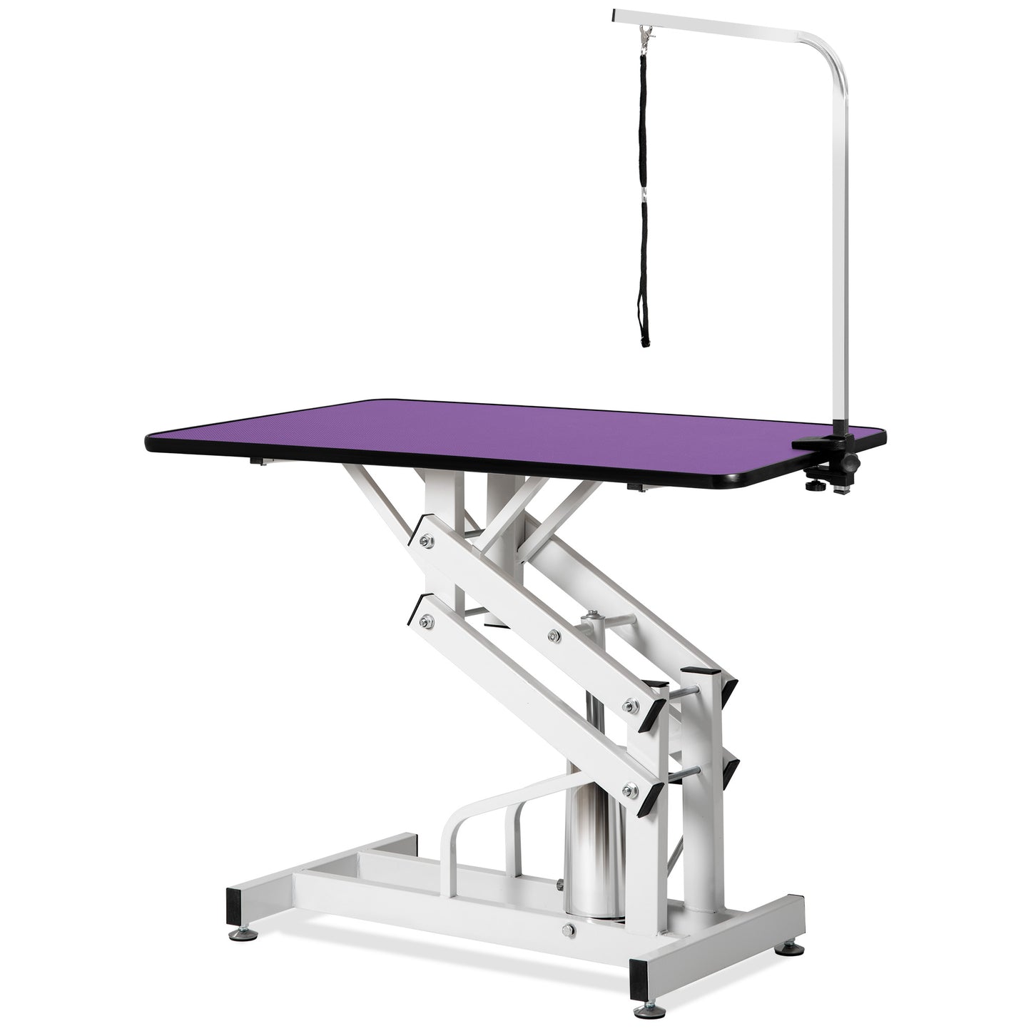 Purple grooming table with adjustable arm and restraint for pet care