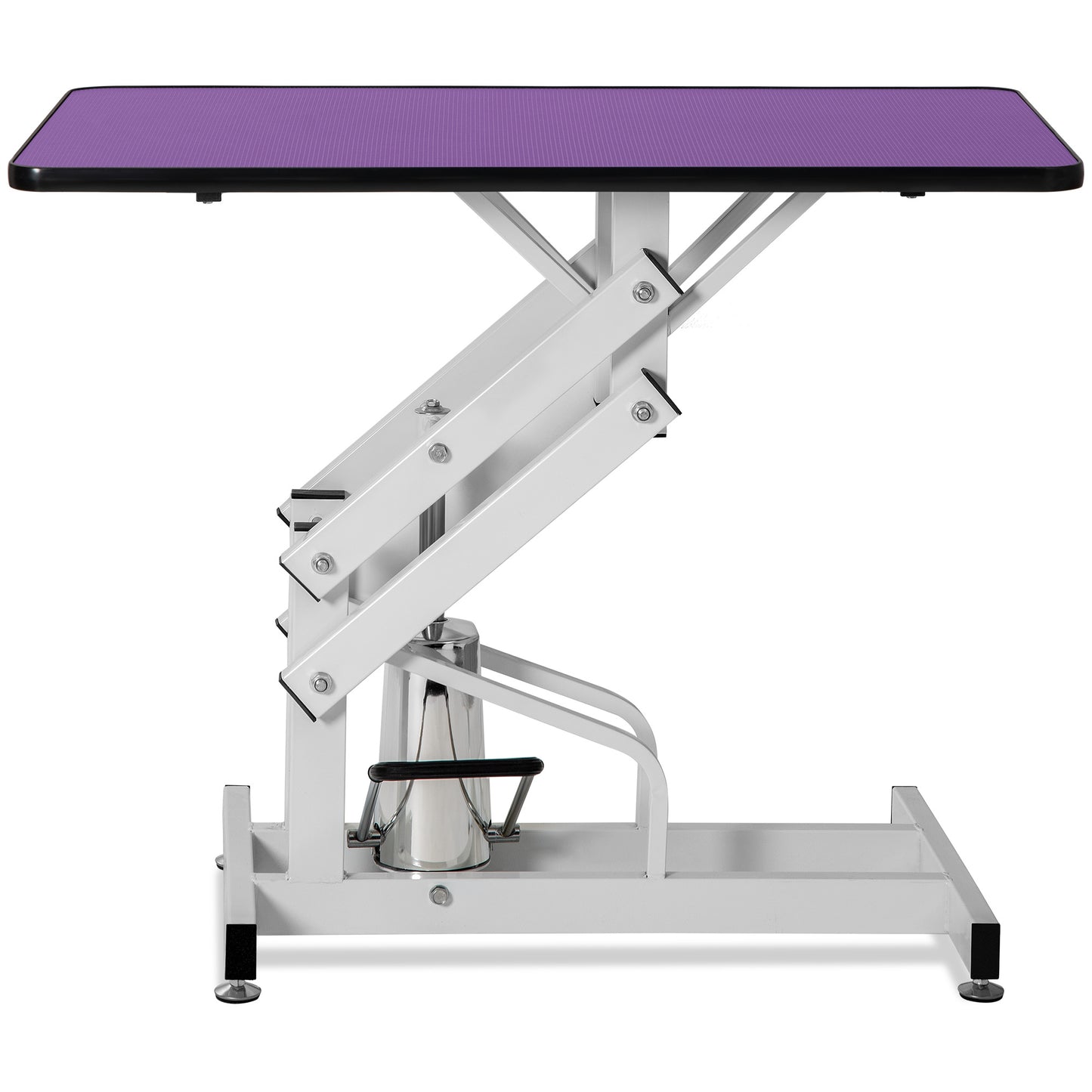 Adjustable height dog grooming table with purple textured surface and white steel frame