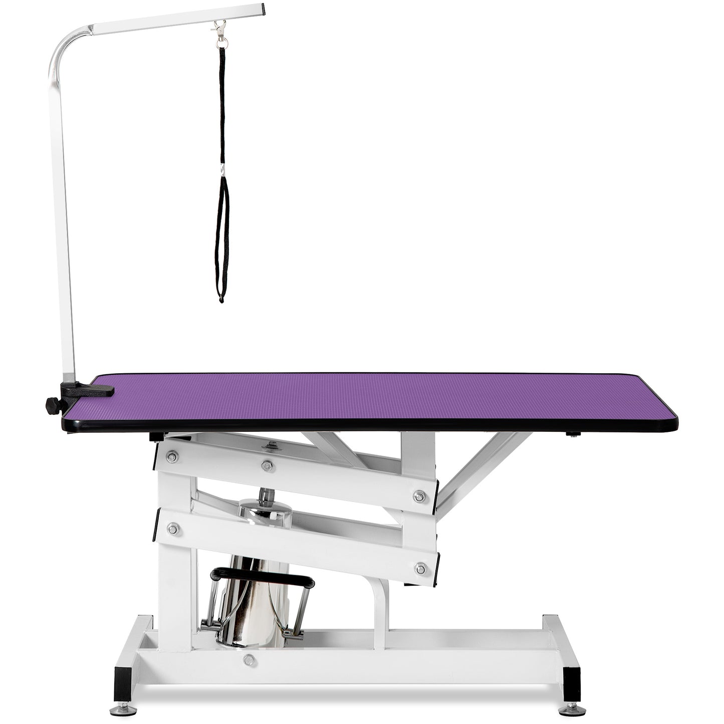Adjustable purple pet grooming table with lift mechanism and arm