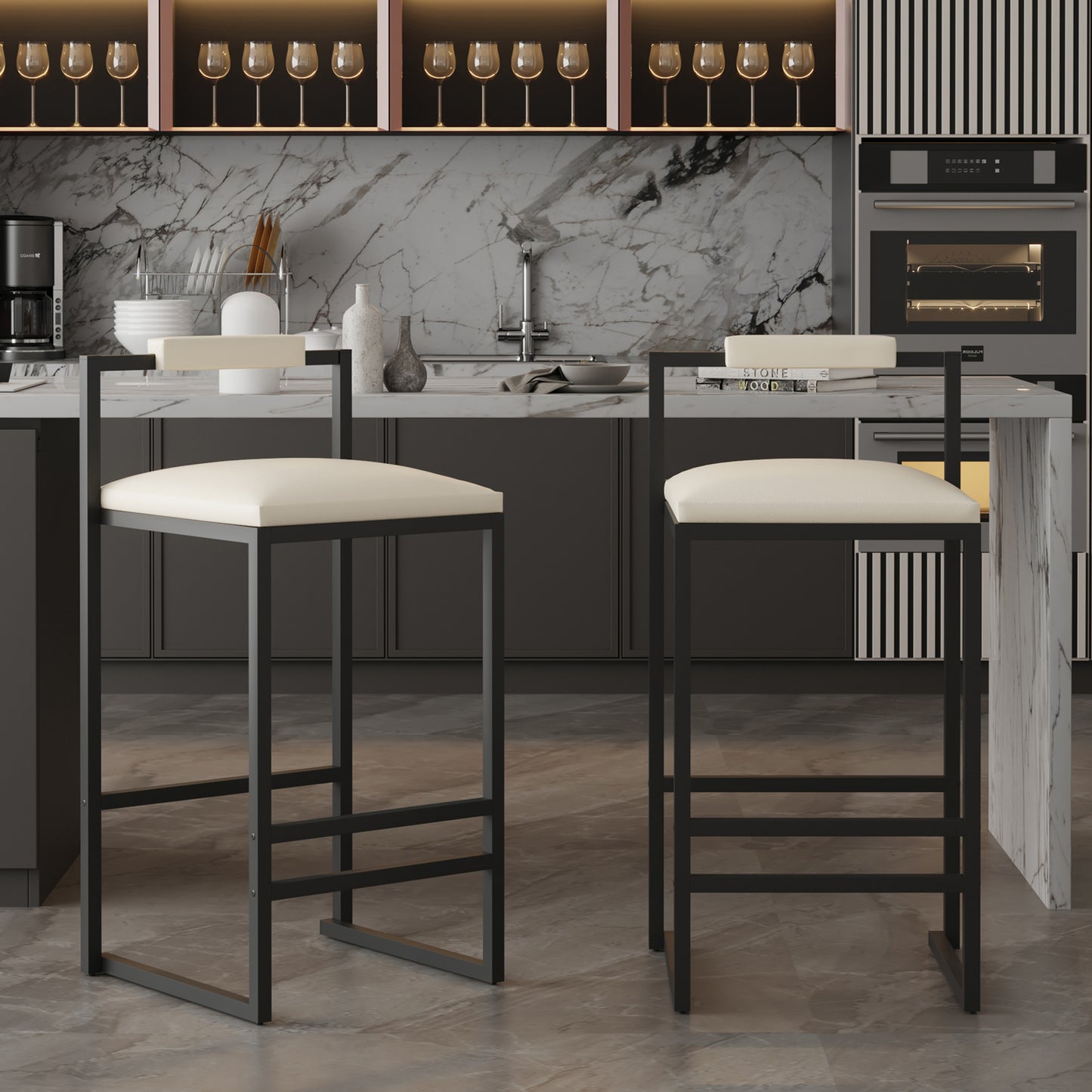 Modern black bar stool with cream padded seat and backrest for kitchen islands
