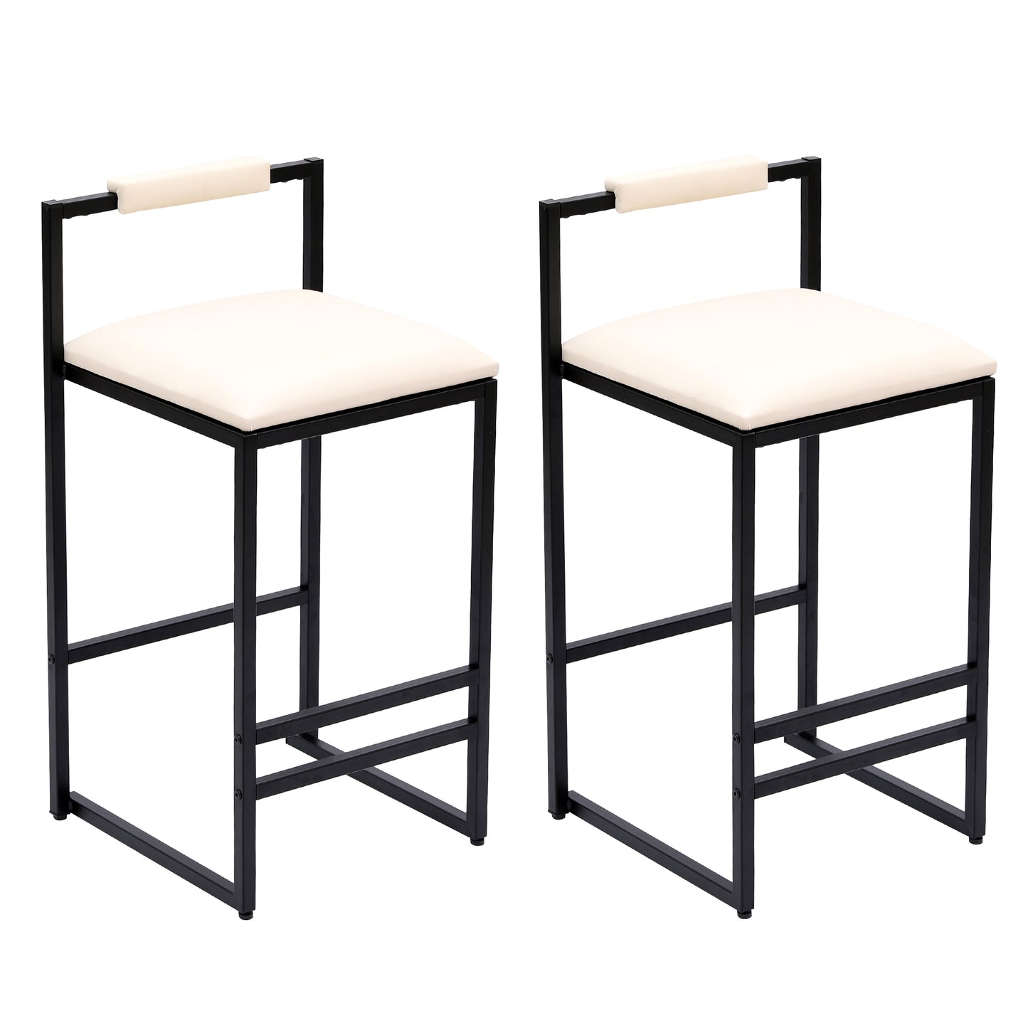 Two modern white leather bar stools with black metal frames and footrests