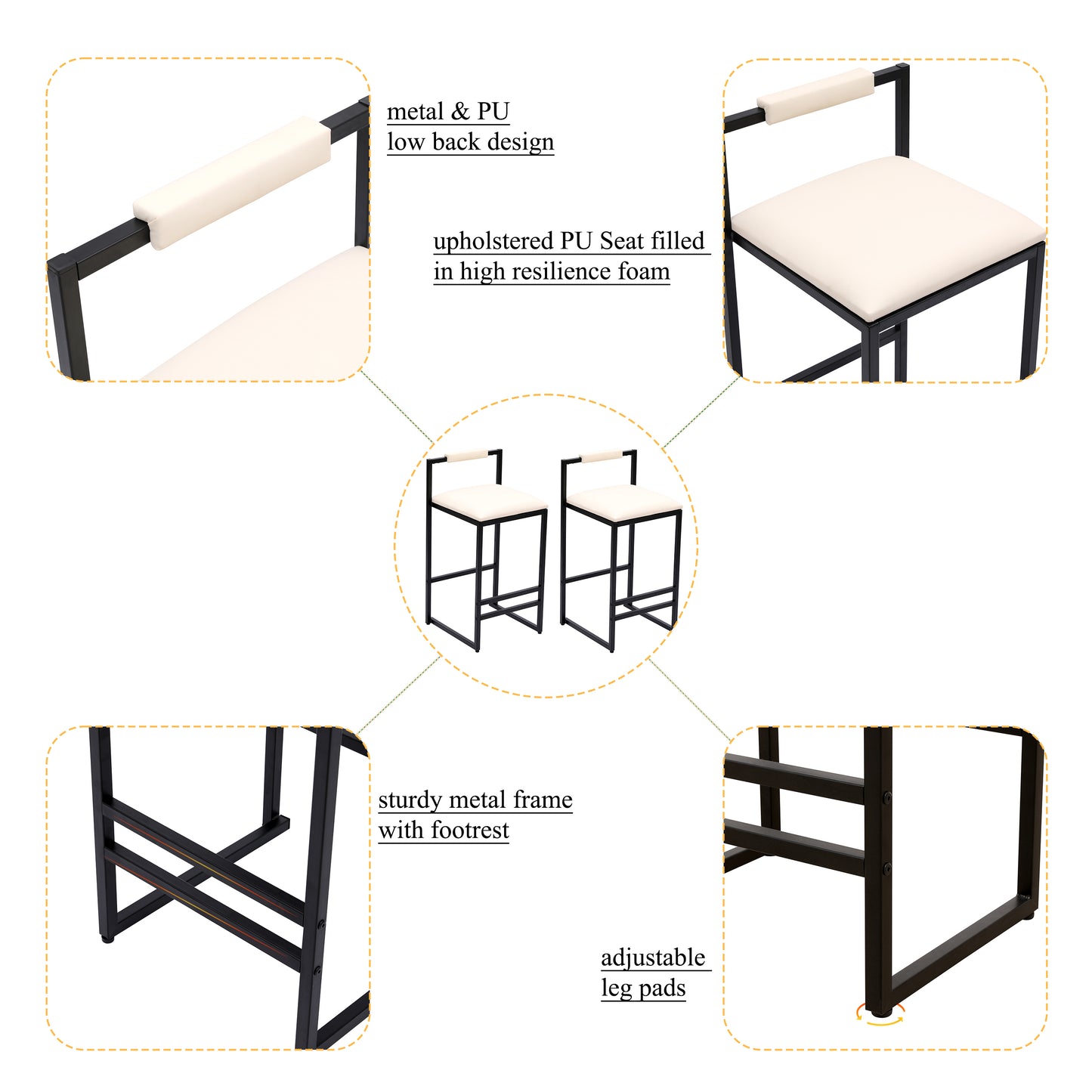 Cream upholstered bar stool with black metal frame and low back
