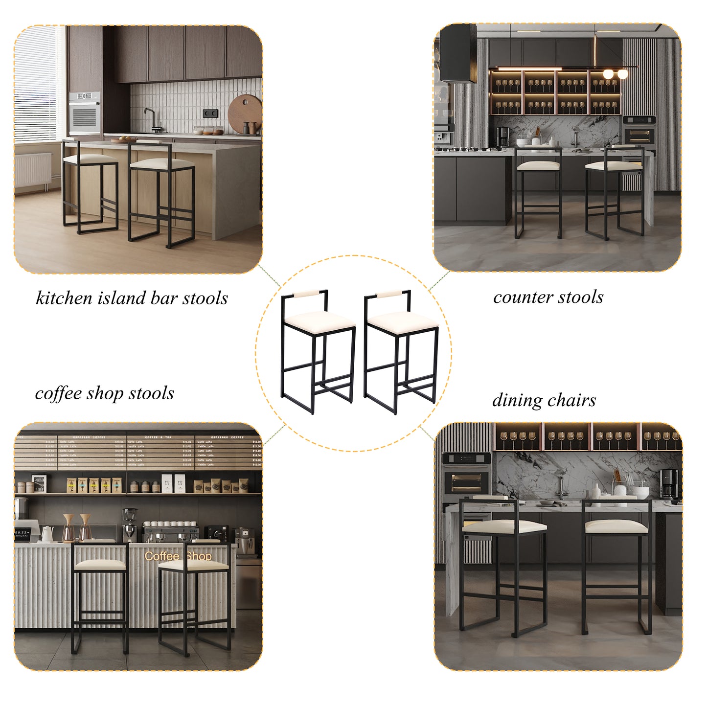 Modern black metal frame bar stools with cream upholstered seat and backrest
