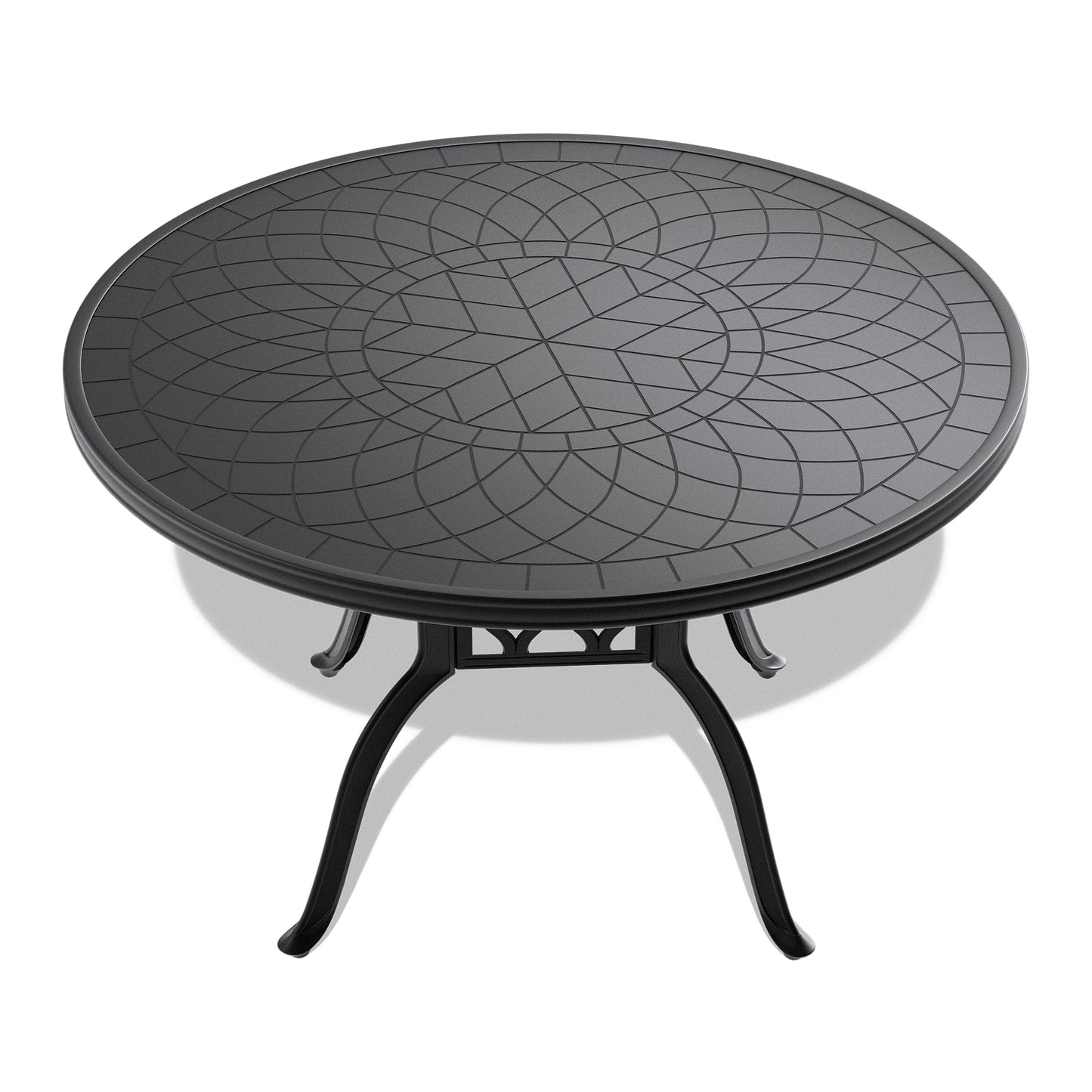 Round black metal bistro table with intricate geometric pattern on surface