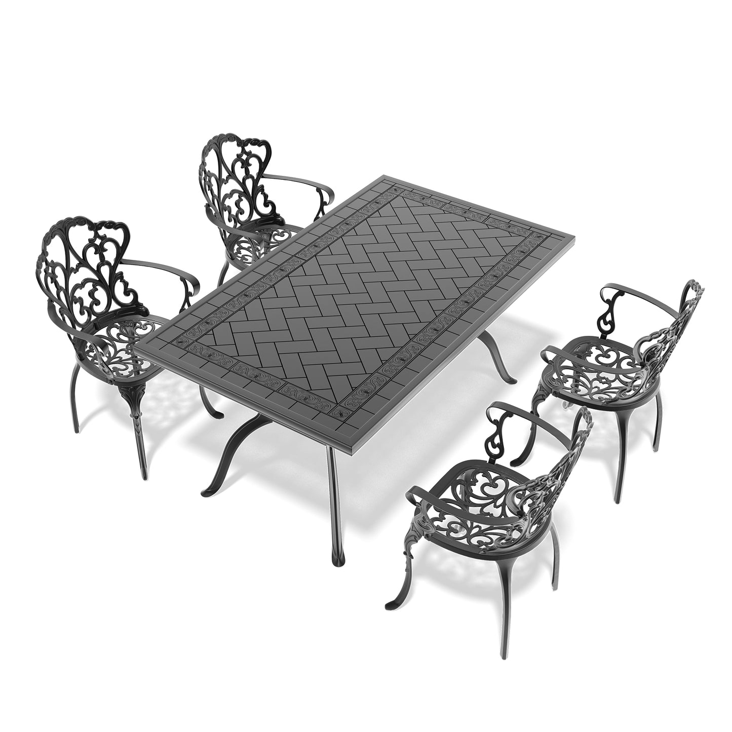 Black cast iron patio dining set with ornate scrolling chairs and herringbone tabletop