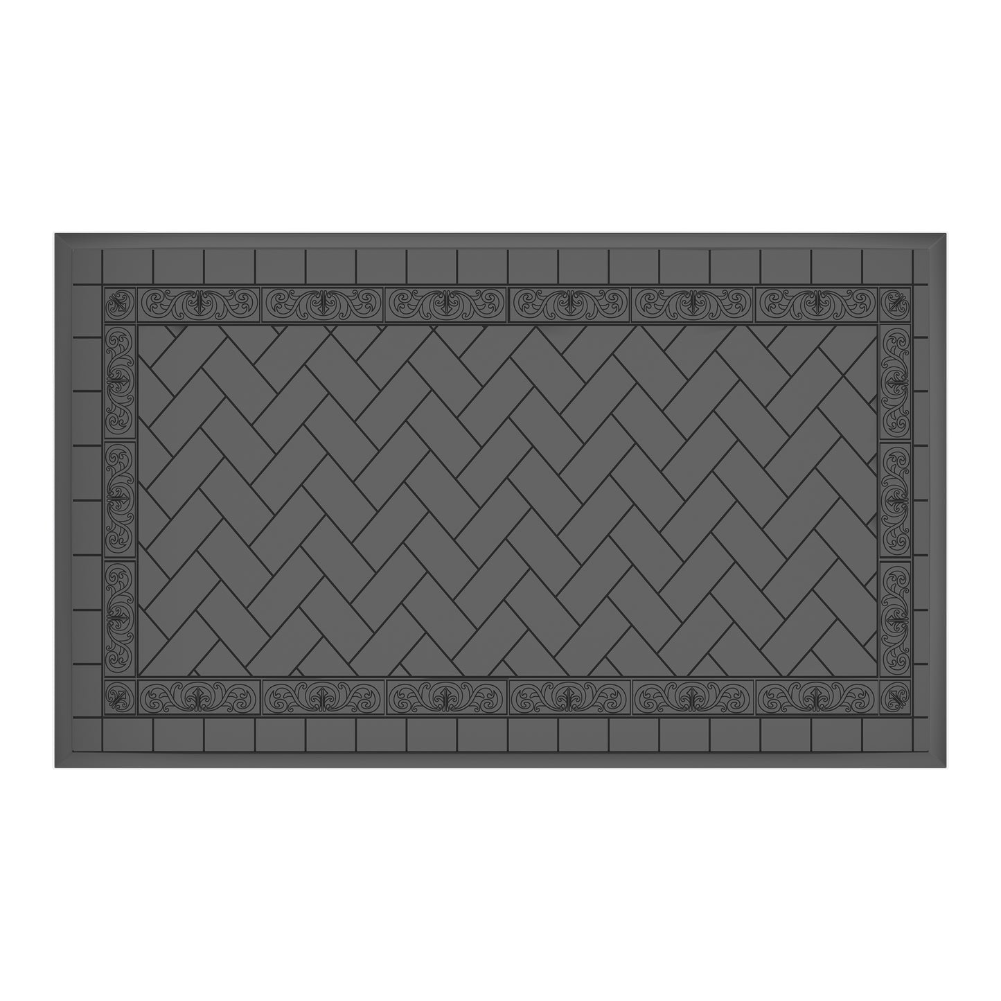 Dark gray rectangular mat with ornate scroll border and herringbone pattern