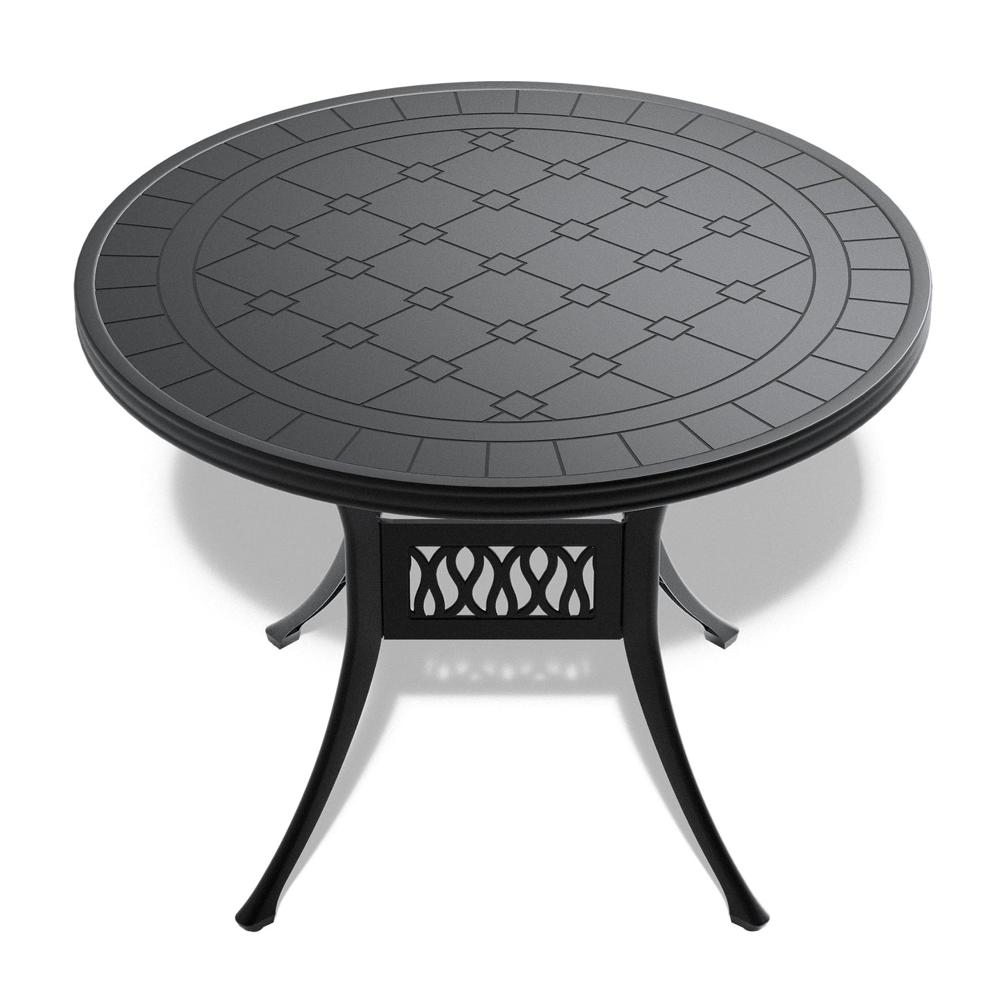 Black round metal bistro table with decorative patterned top