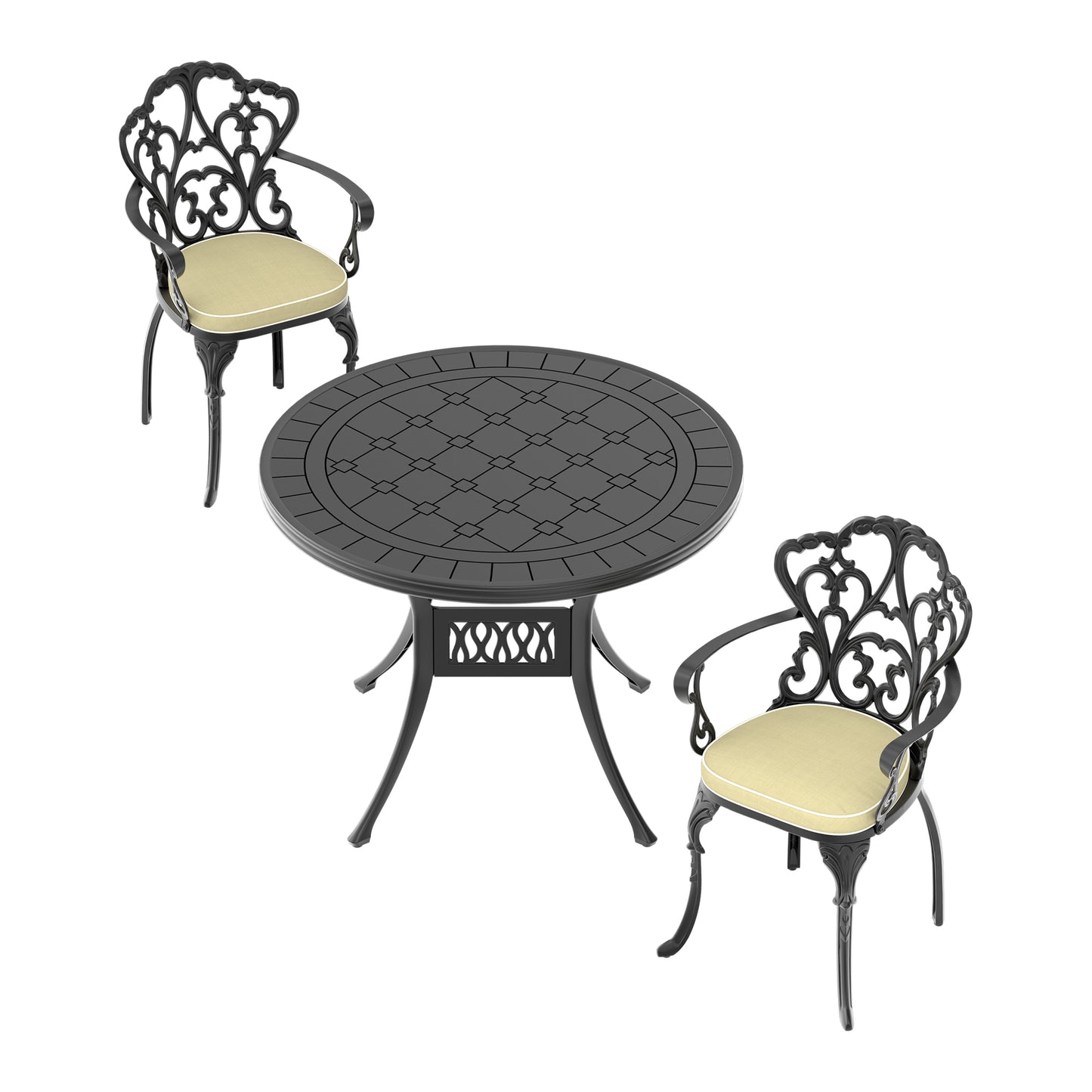 Ornate black cast iron patio dining set with ornate chairs and round table