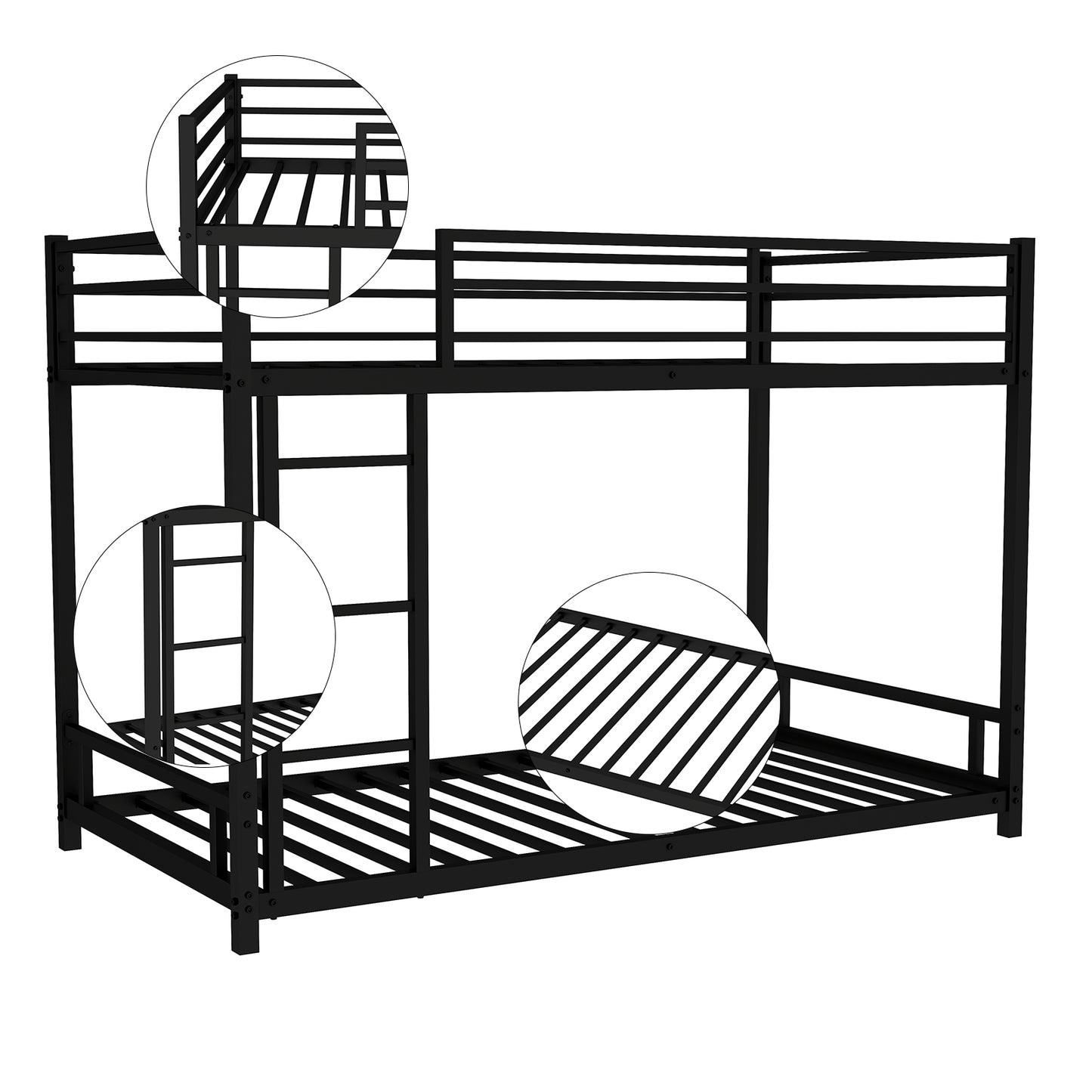 Black metal twin over twin bunk bed with ladder and railings for spacesaving sleep
