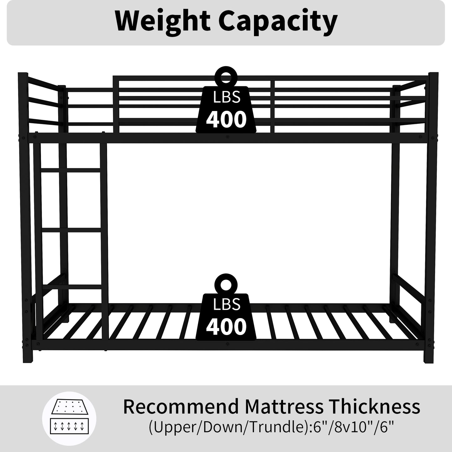 Black metal bunk bed with lb weight capacity