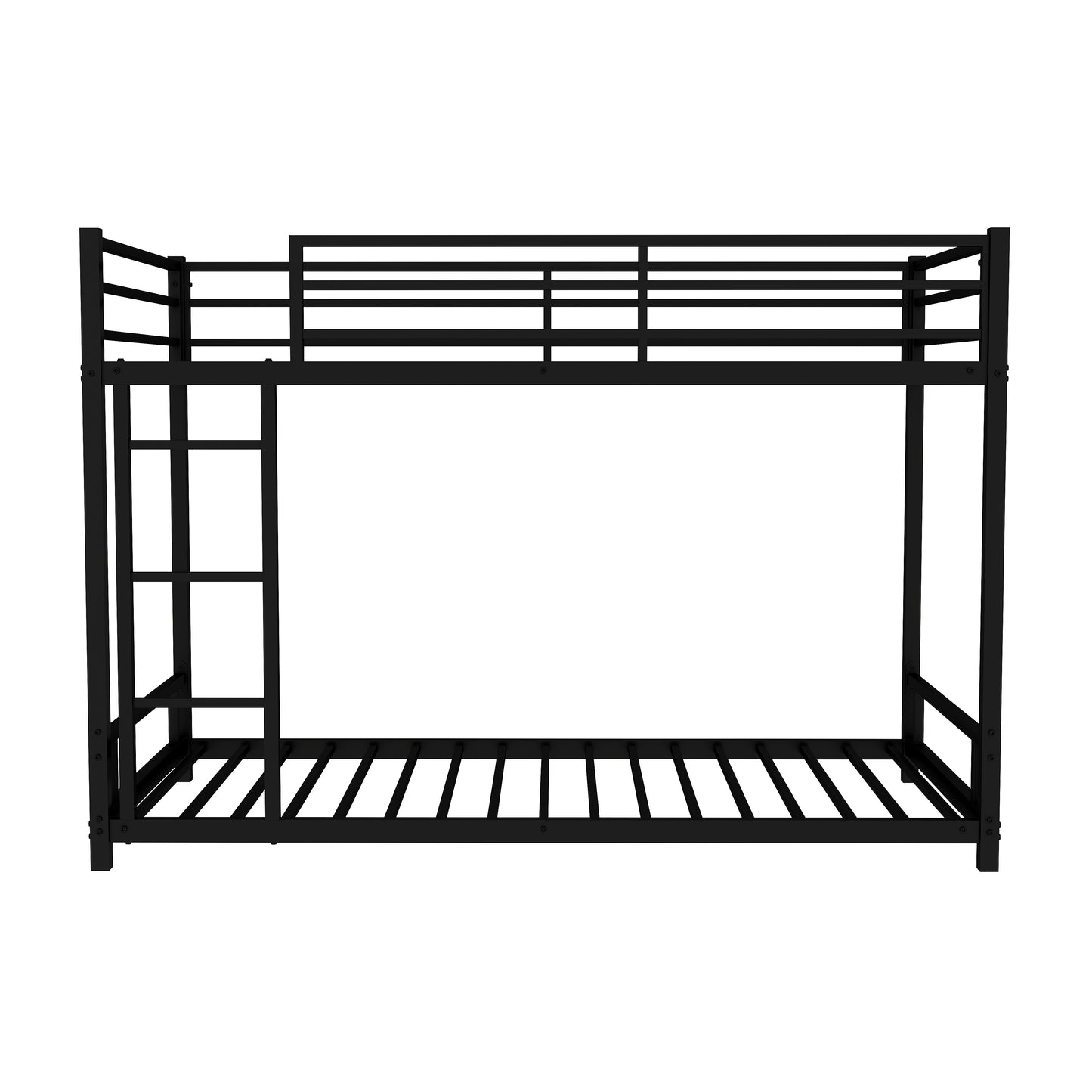 Black metal twin over twin bunk bed with integrated ladder and guardrails