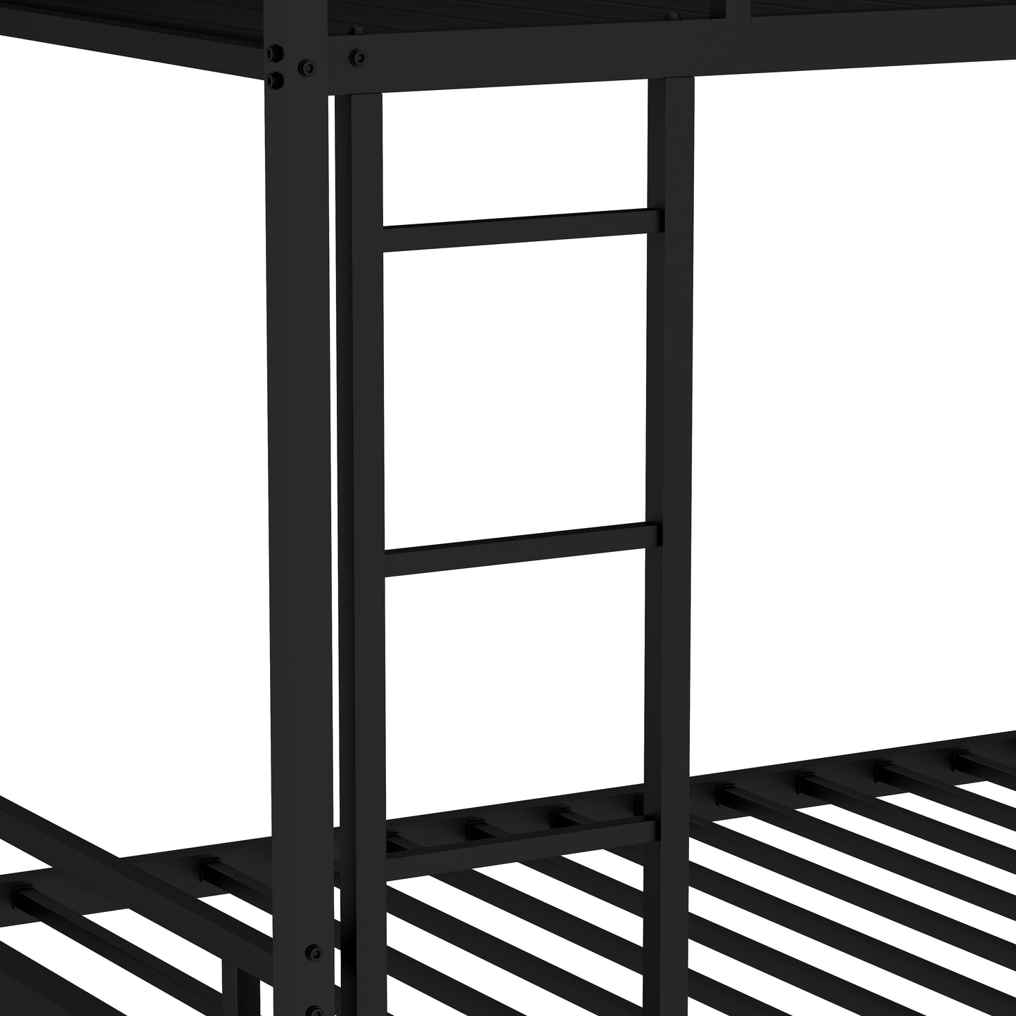 Black metal bunk bed frame with sturdy slats for support