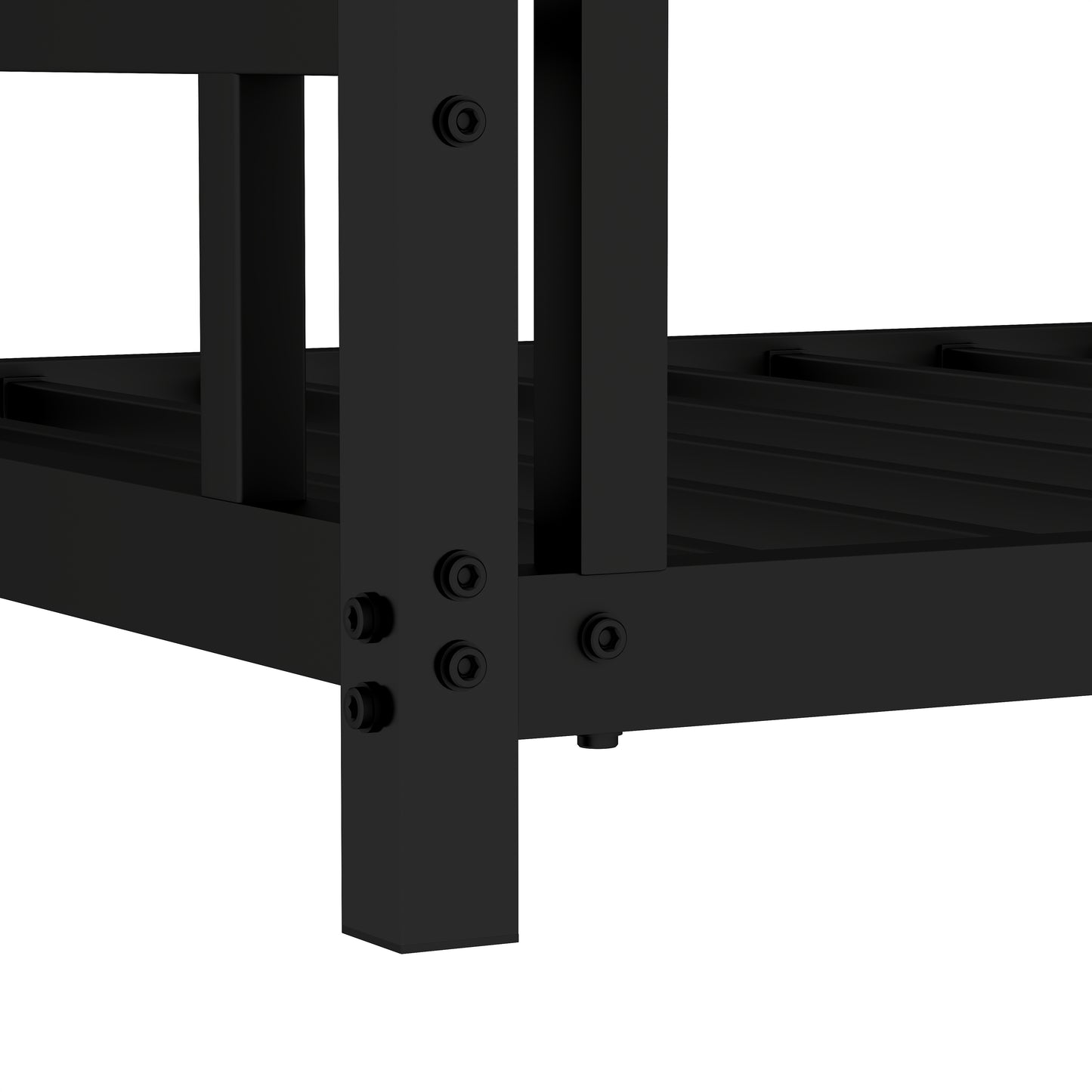 Closeup of black metal bed frame leg with visible hex bolts