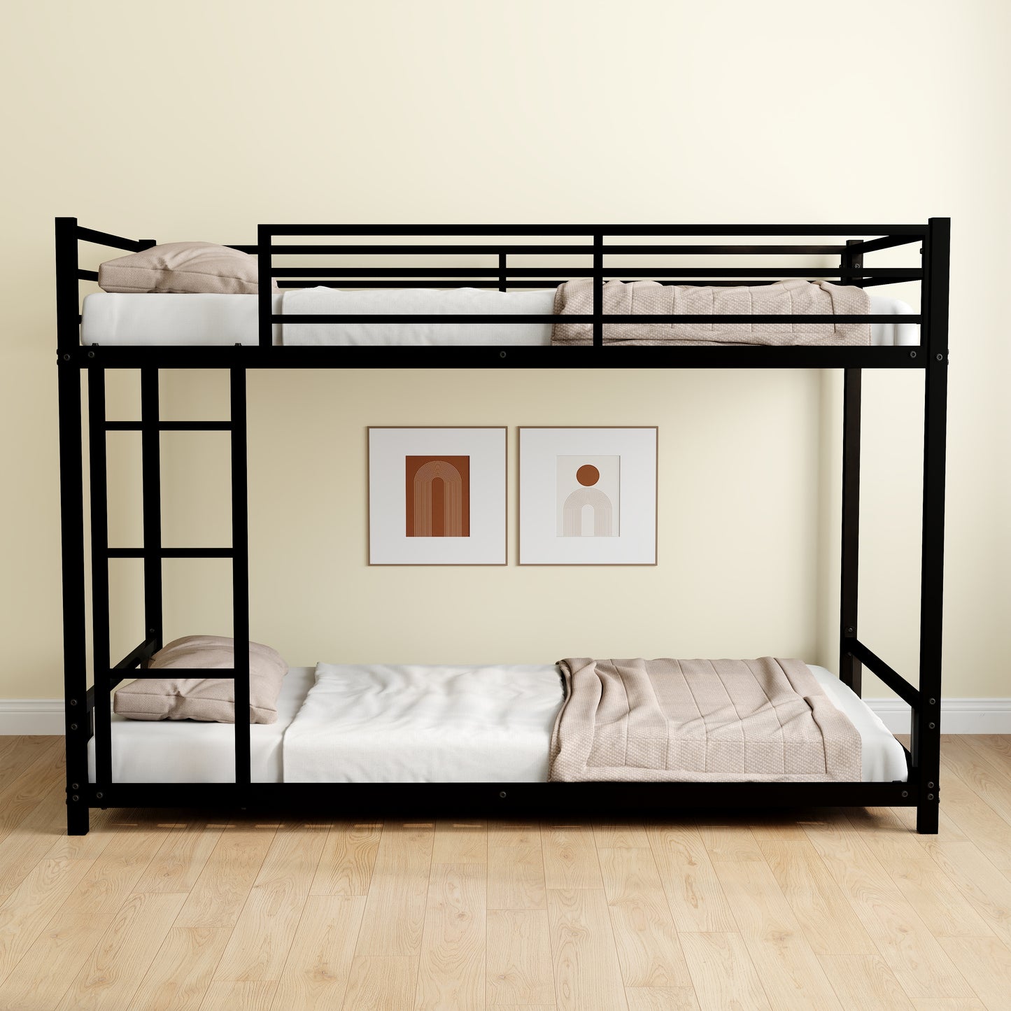 Black metal bunk bed with twin mattresses and beige bedding