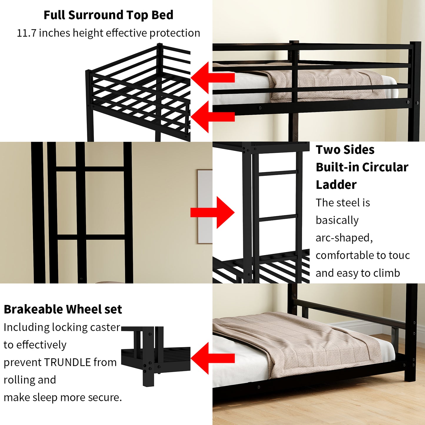 Black metal bunk bed with full surround top bed safety rails