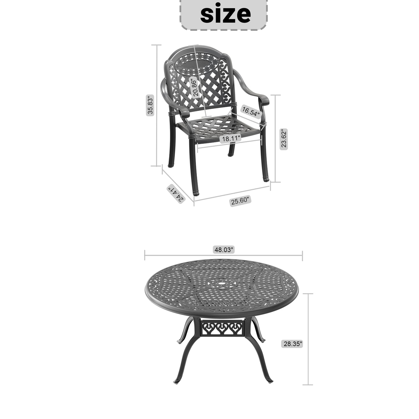 Ornate black cast aluminum dining chair with intricate lattice back