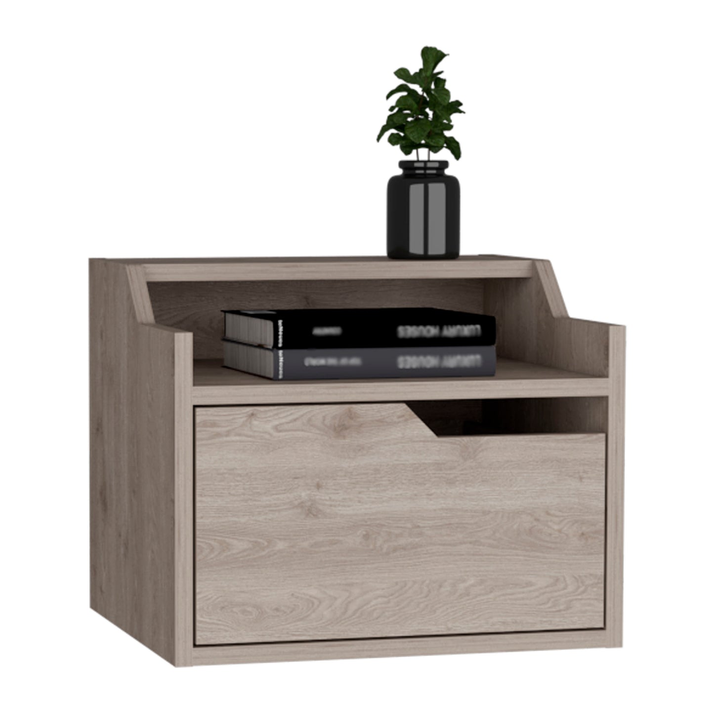 Modern light oak effect bedside cabinet with a drawer and open shelf