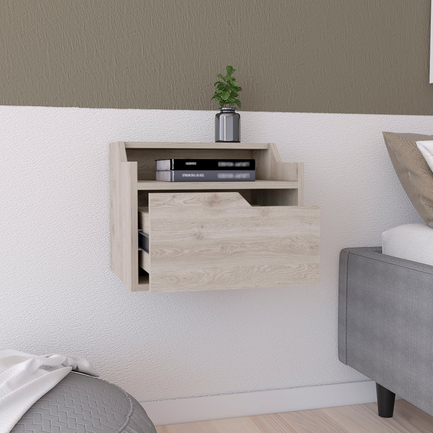 Light wood floating nightstand with one drawer and open shelf