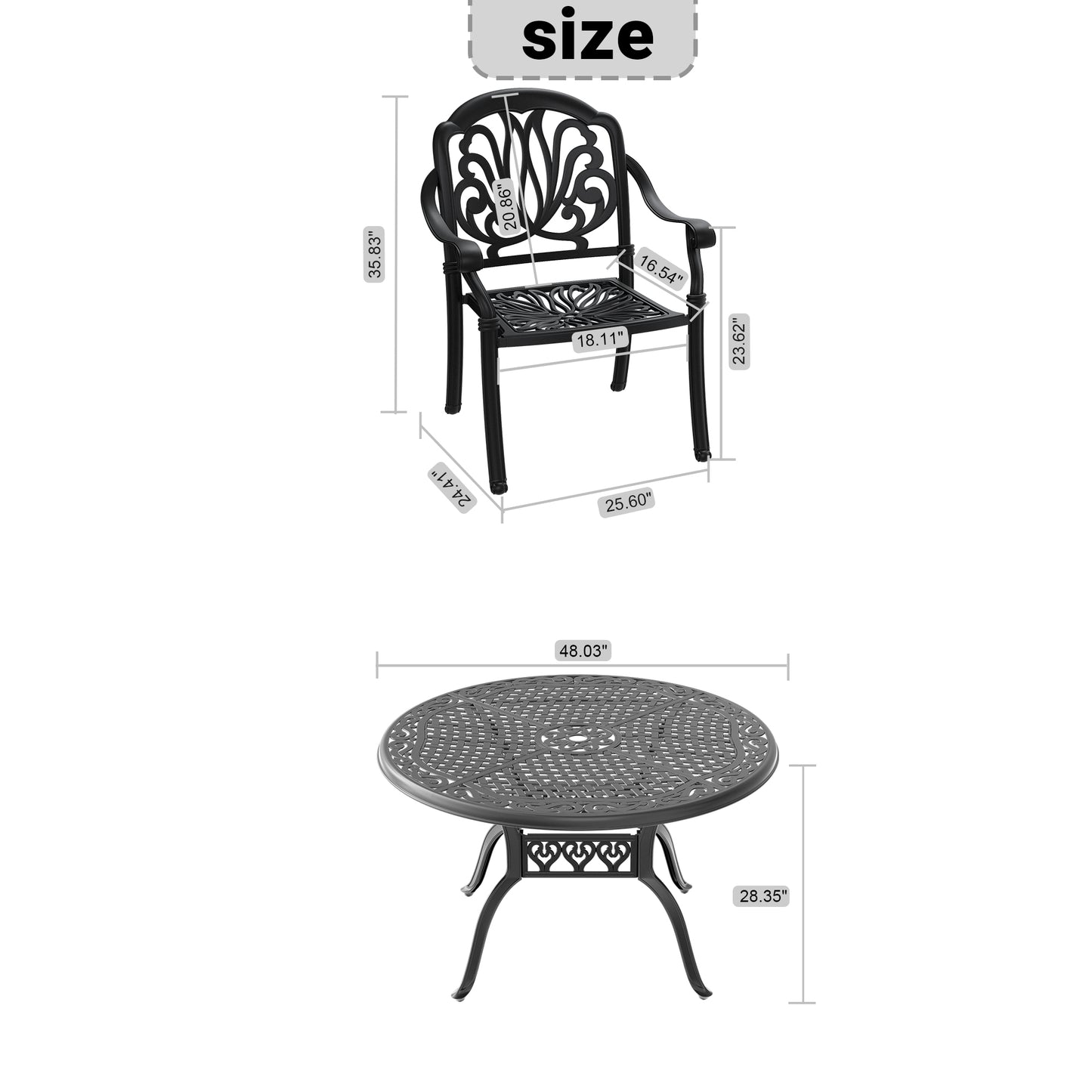 Black cast aluminum patio chair with ornate floral back design H