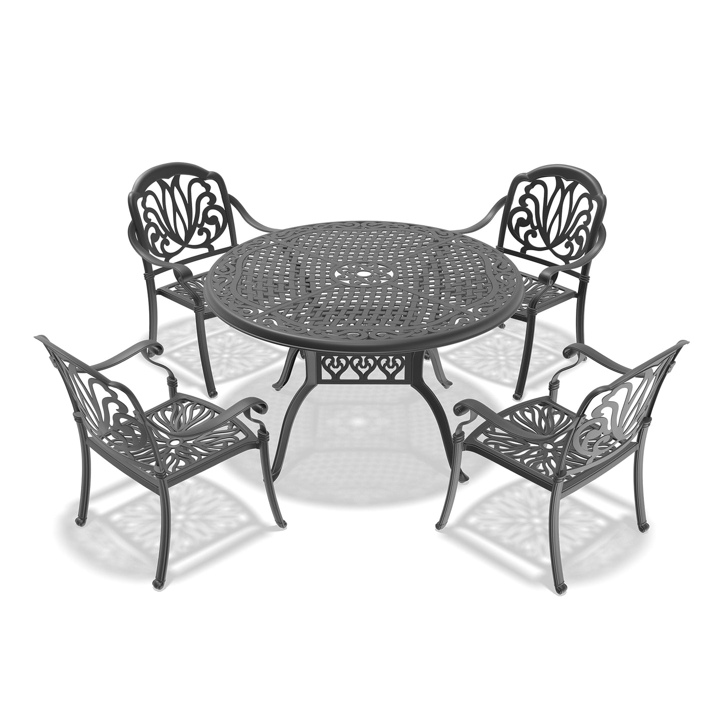 Ornate wrought iron patio dining set with round table and four chairs