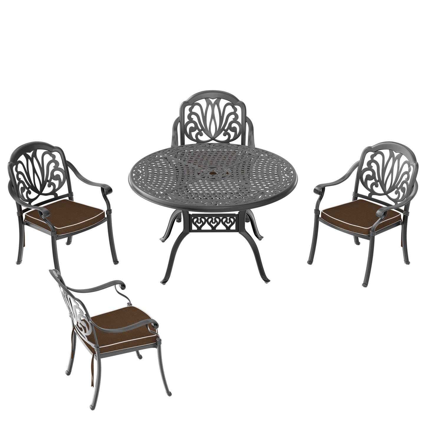 Ornate dark gray cast aluminum patio table with matching chairs and brown cushions