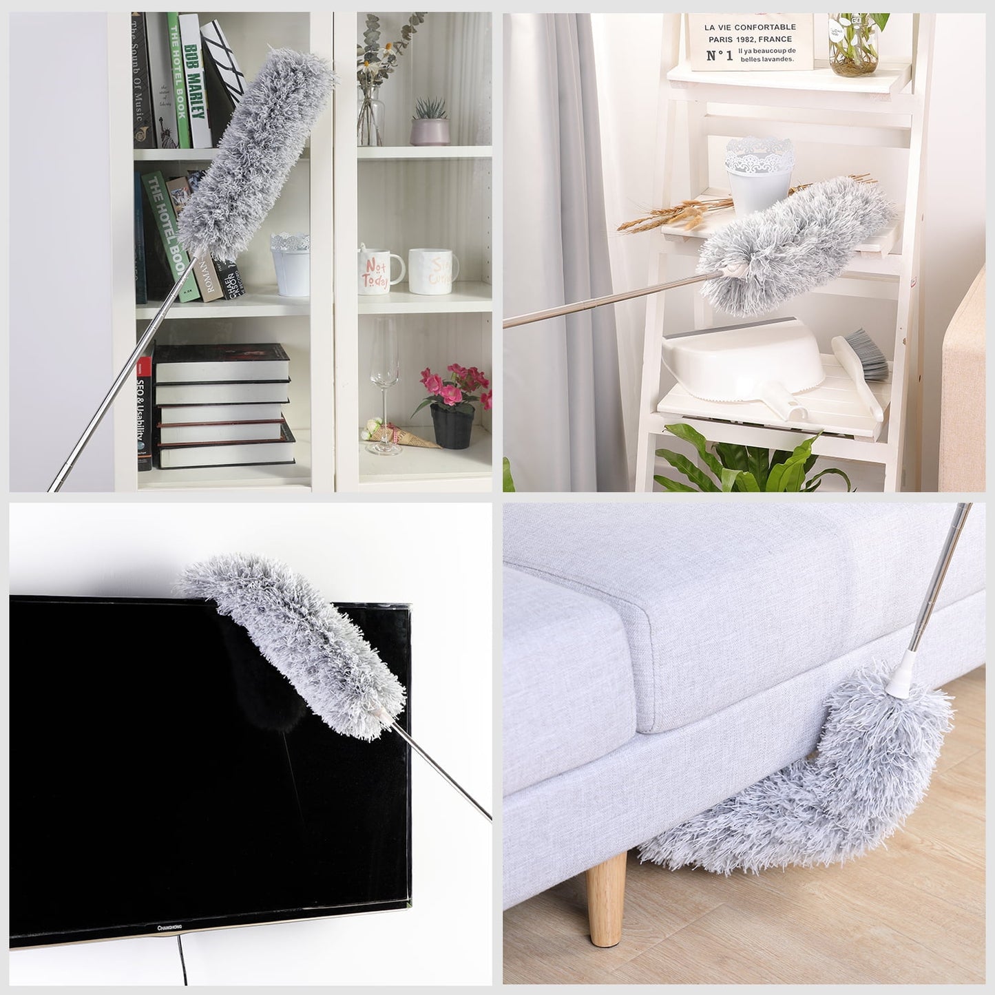 Gray microfiber duster with extendable handle cleaning a bookshelfs high shelves