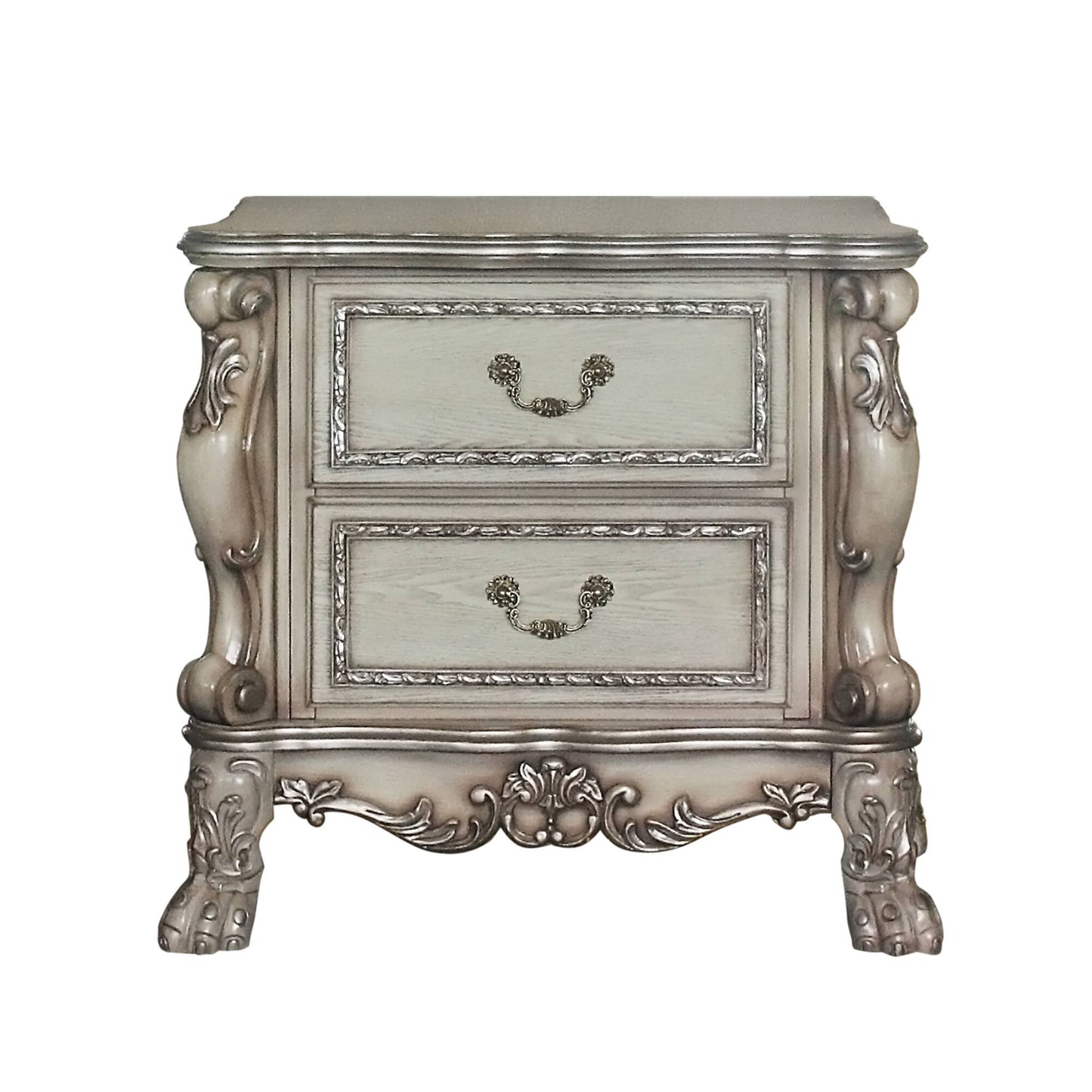 Ornate twodrawer antique nightstand with silver trim and claw feet
