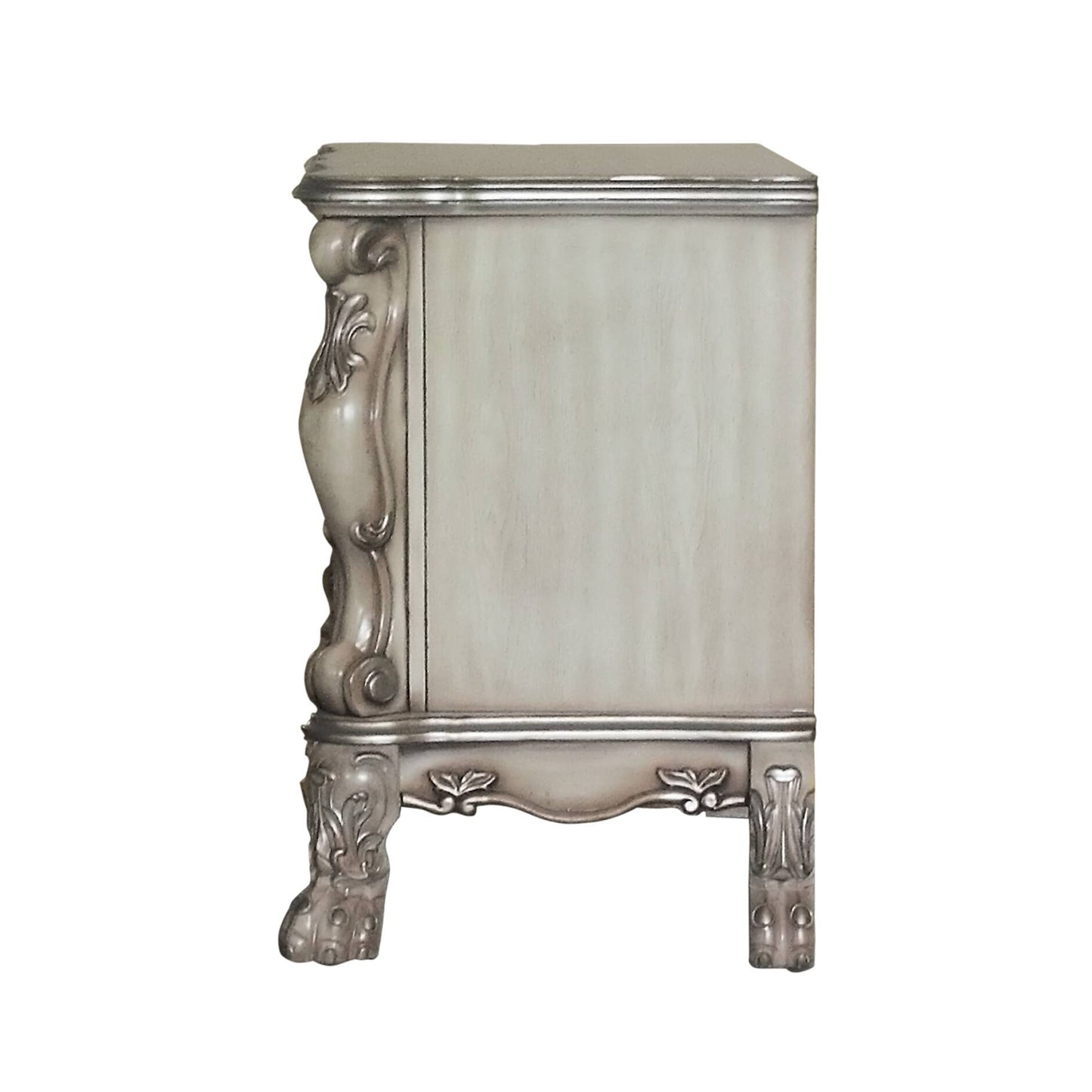 Elegant antique white accent cabinet with silver ornate carvings and claw feet perfect for vintage decor