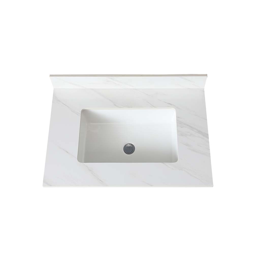 White undermount bathroom sink with marblelook vanity top