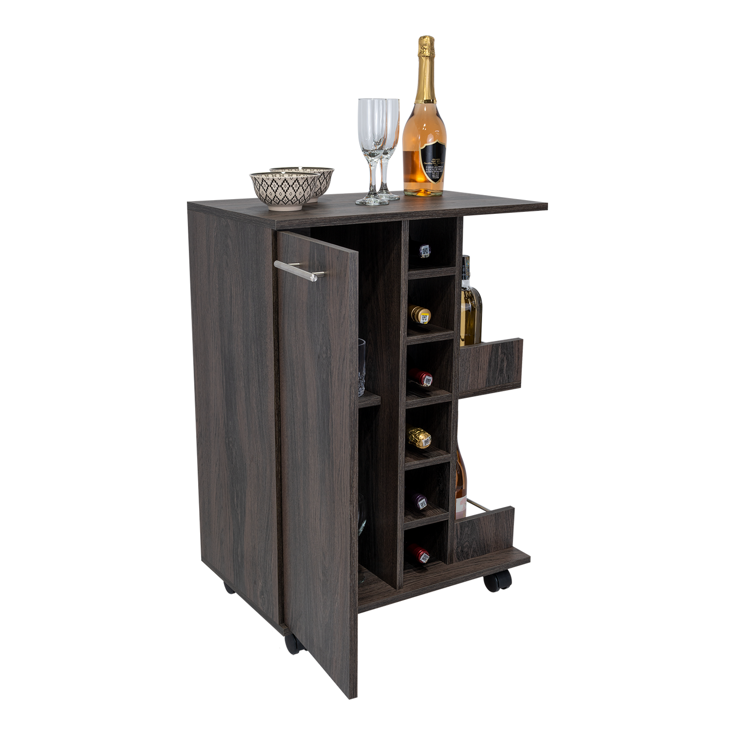 Dark wood rolling bar cart with wine rack and serving area