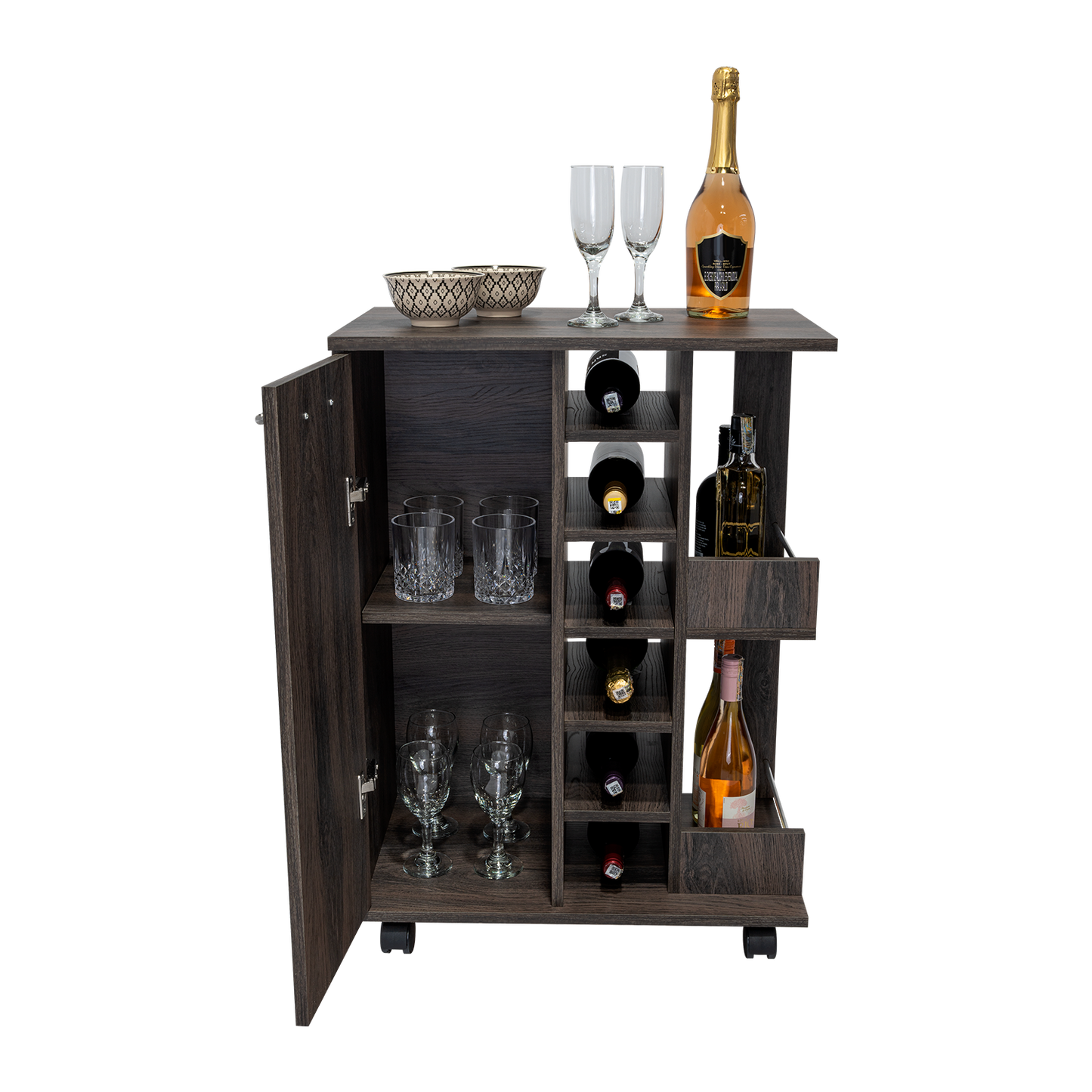 Dark wood bar cart with wine rack and glassware