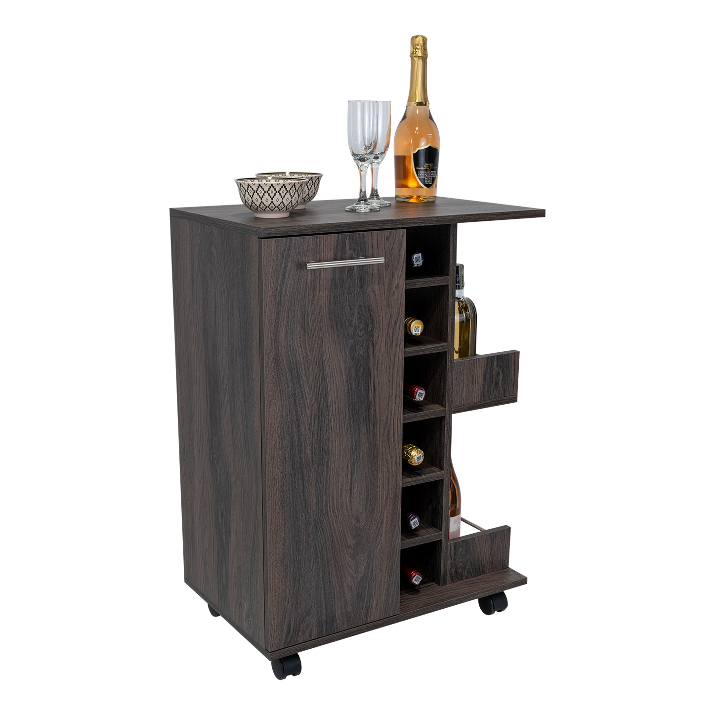 Dark wood bar cart with wine rack and serving accessories
