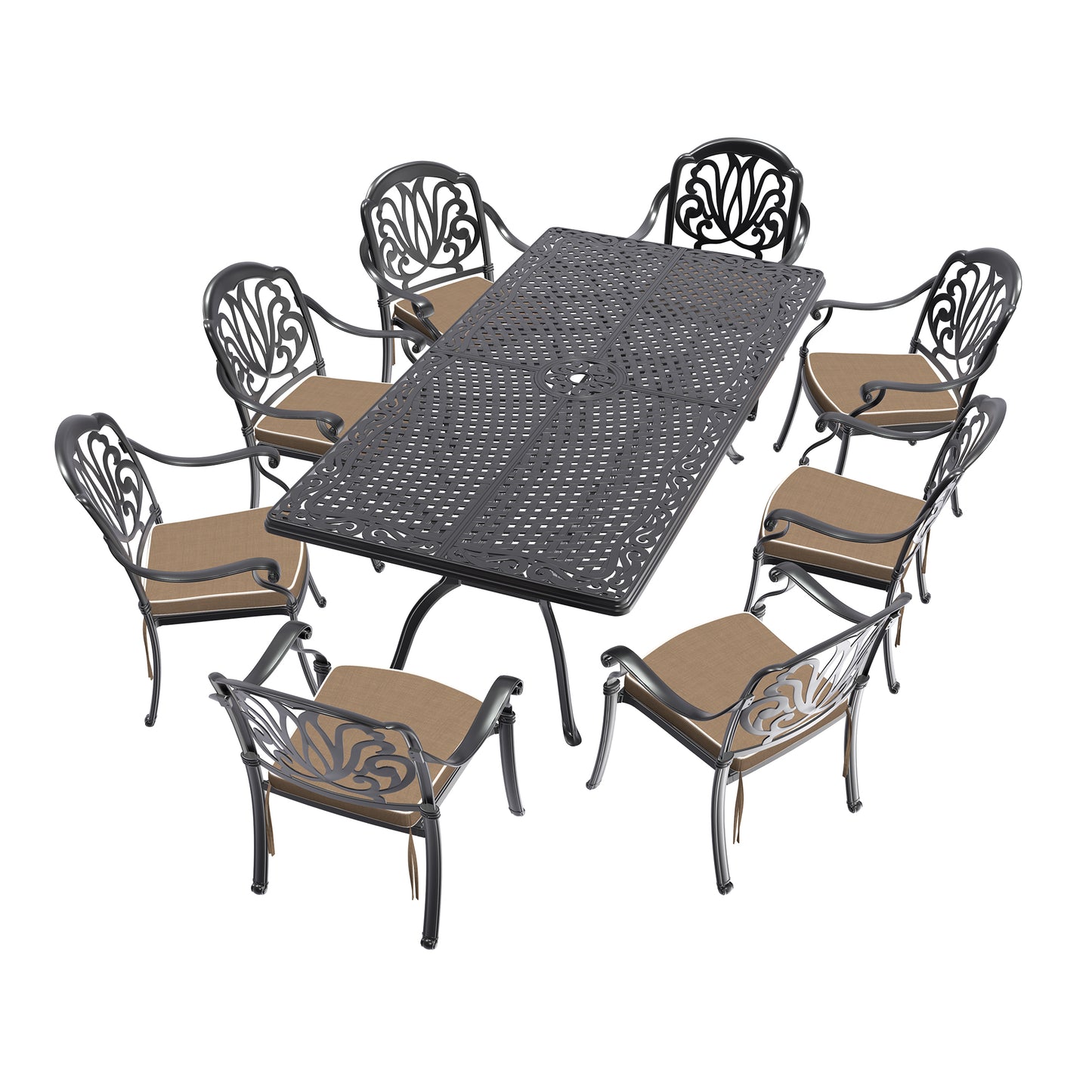 Ornate cast aluminum patio dining set with chairs and table