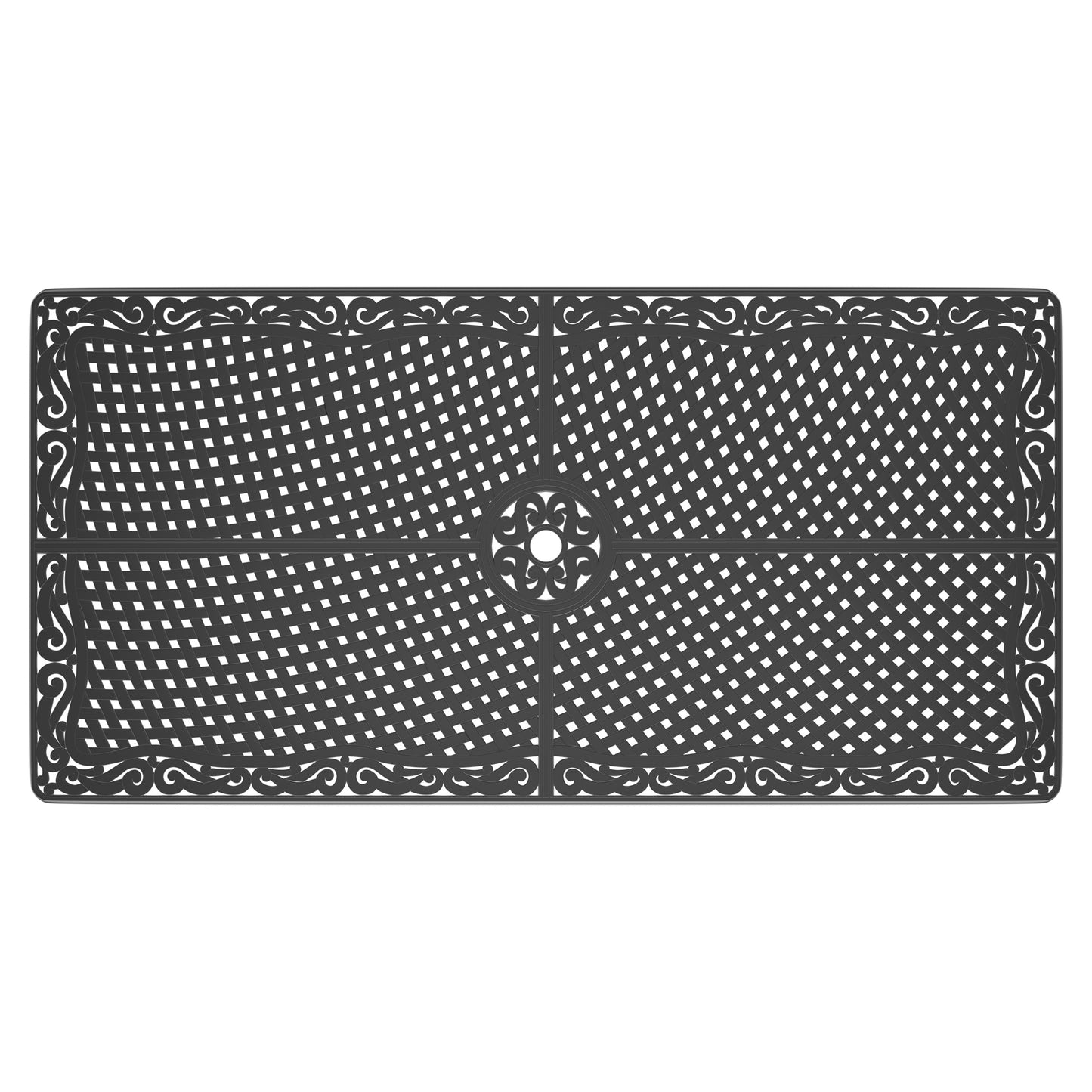 Rectangular cast aluminum table top with intricate scrollwork and diamond lattice pattern
