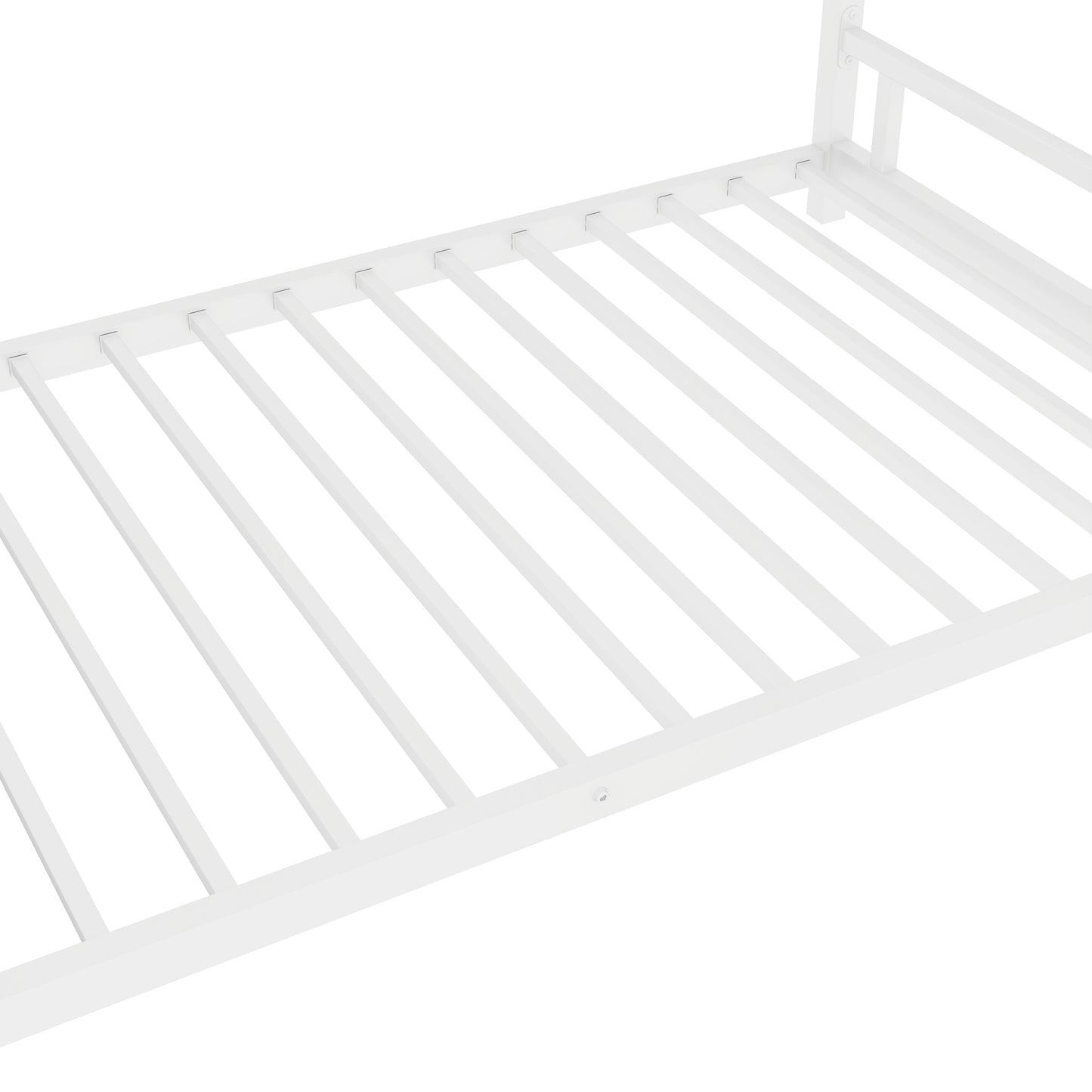 White metal twin bed frame with evenly spaced slats