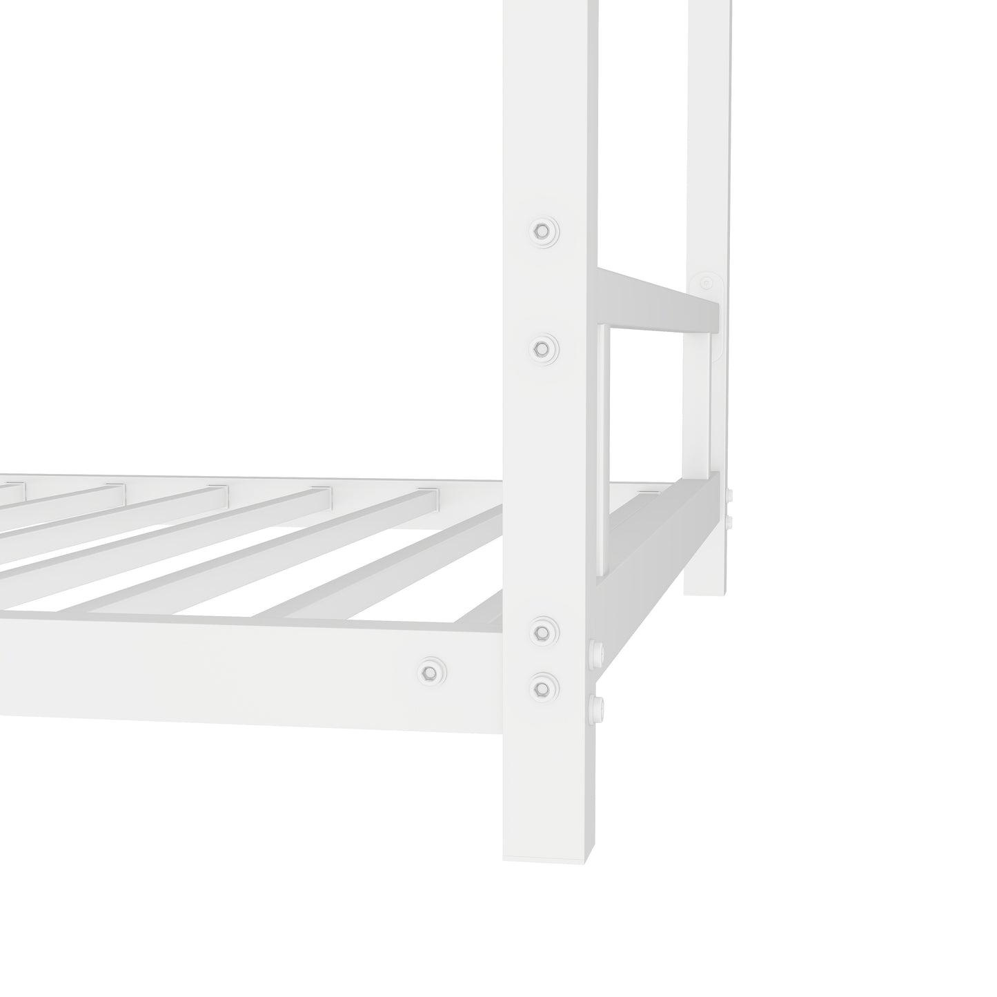 White wooden bunk bed frame side detail with visible bolts and slats