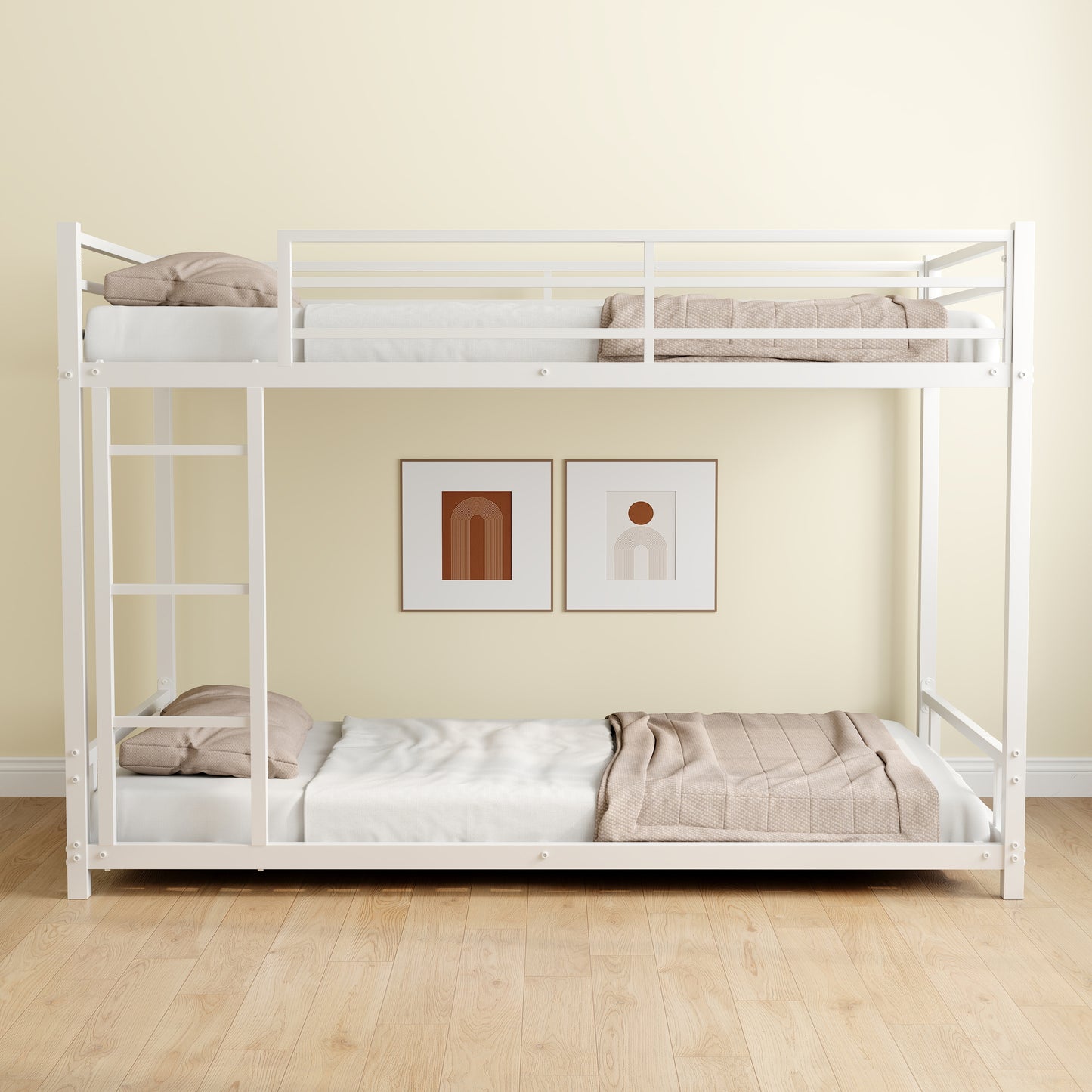 White metal bunk bed with beige bedding and pillows