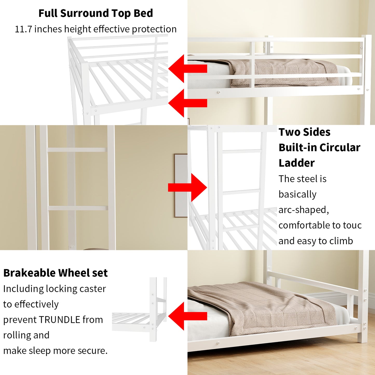 White metal bunk bed with full surround top bunk safety rails
