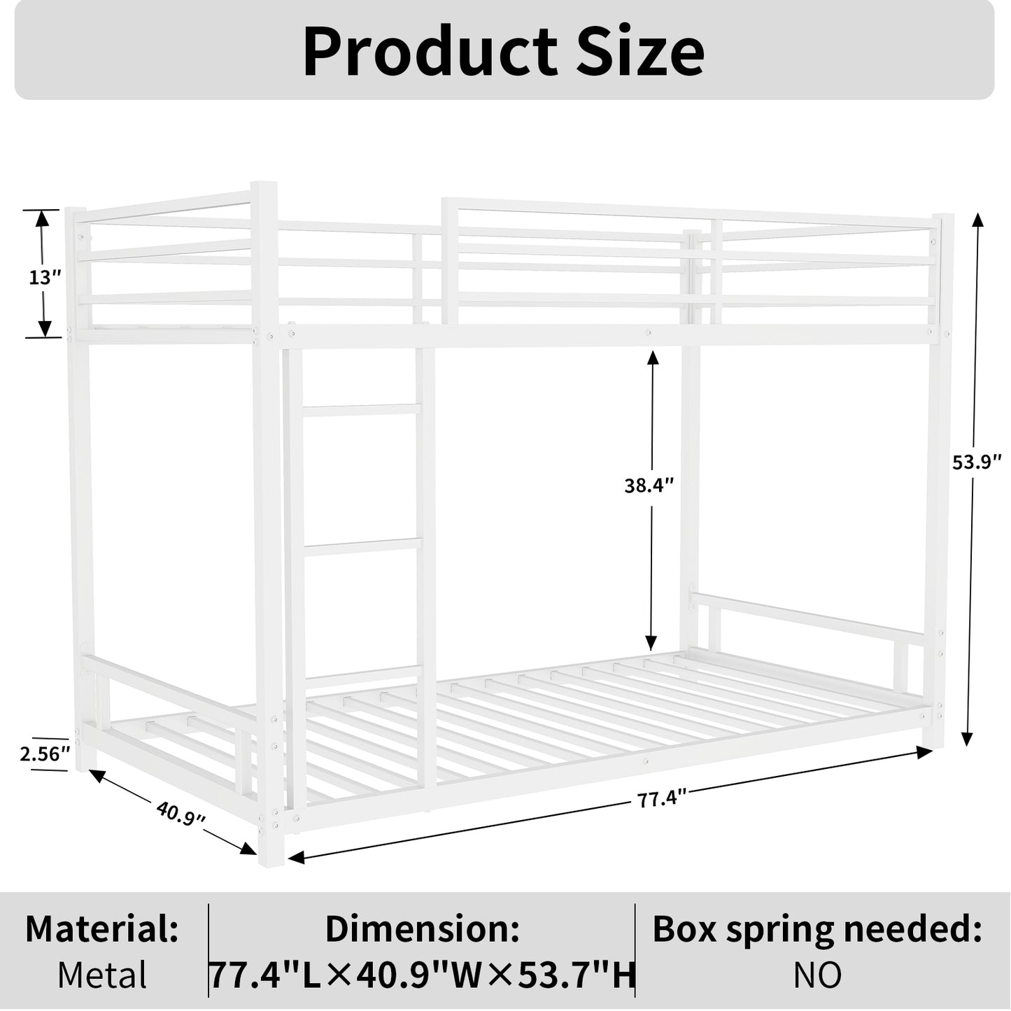 White metal bunk bed with detailed dimensions for height and width