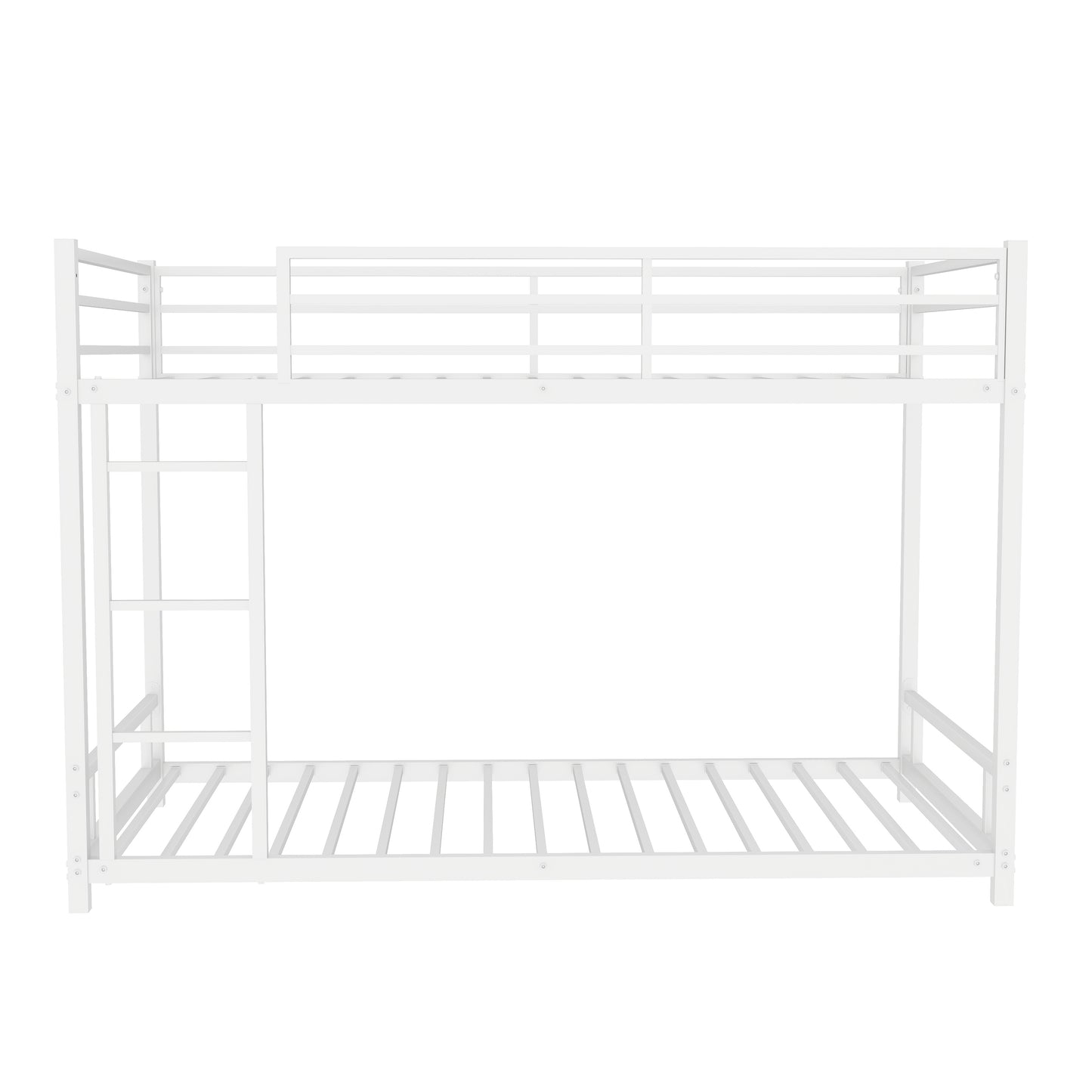 White metal twin bunk bed with ladder