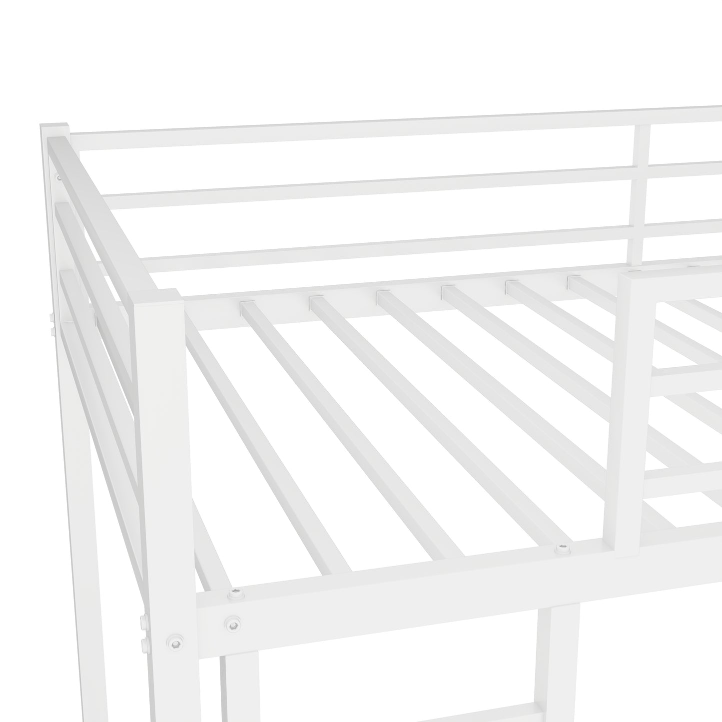 White metal bunk bed frame with slatted base