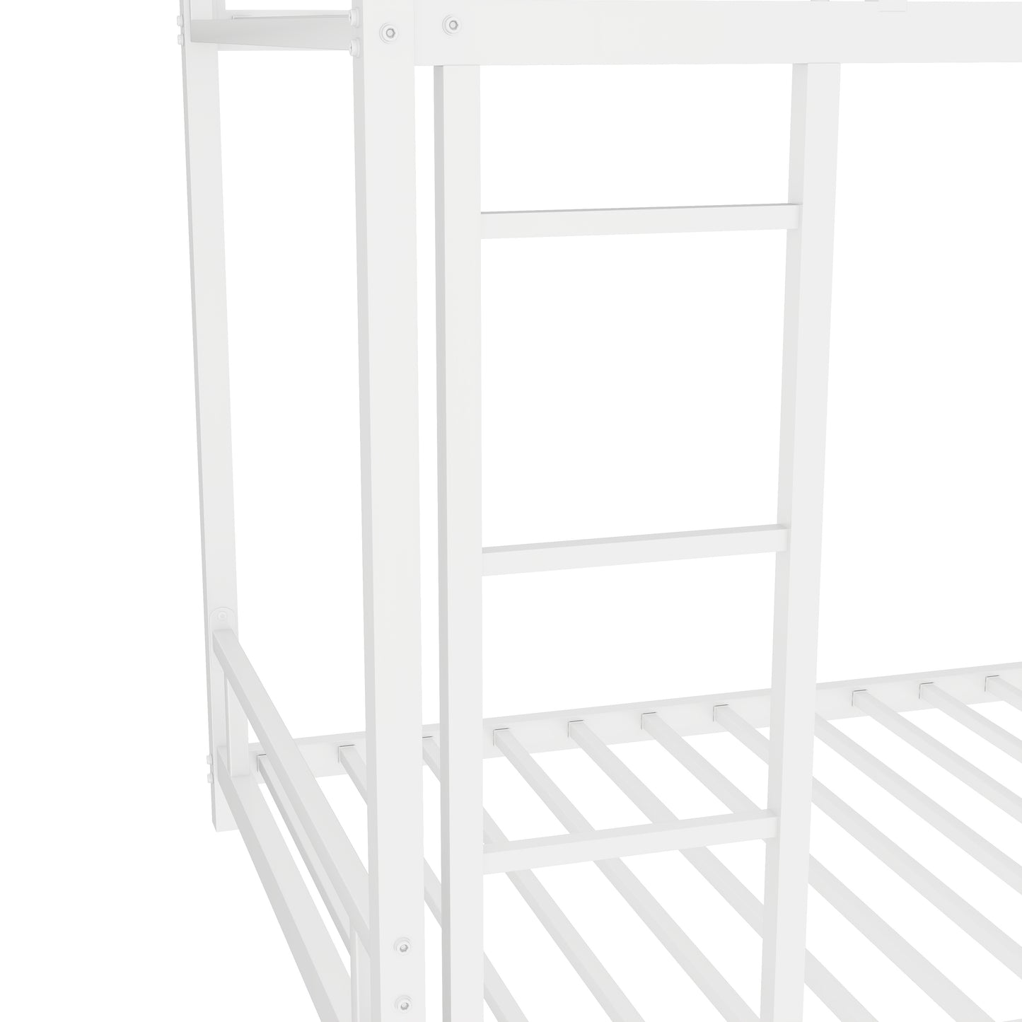 Closeup of white metal bunk bed frame with slatted mattress support
