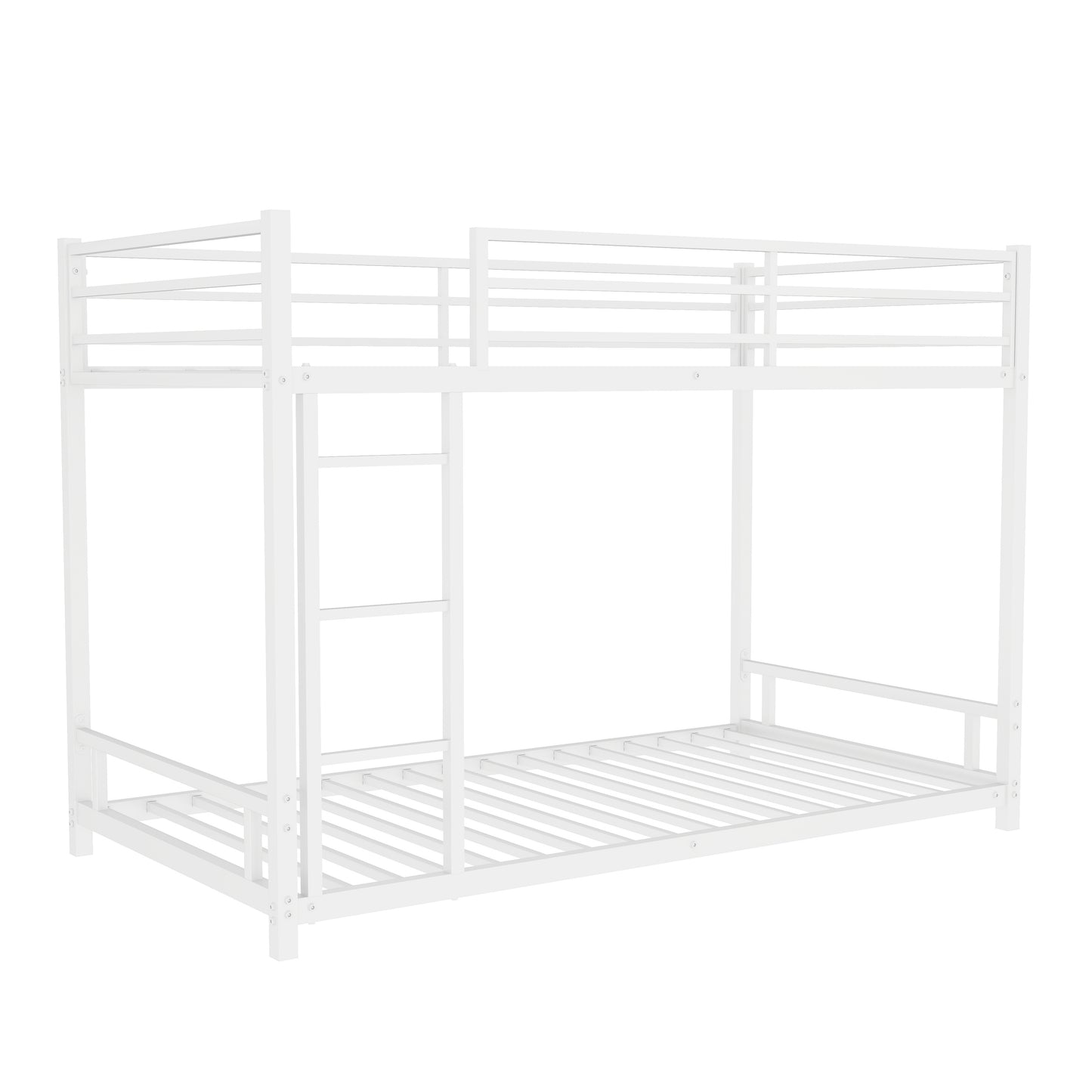 White metal twin over twin bunk bed with ladder