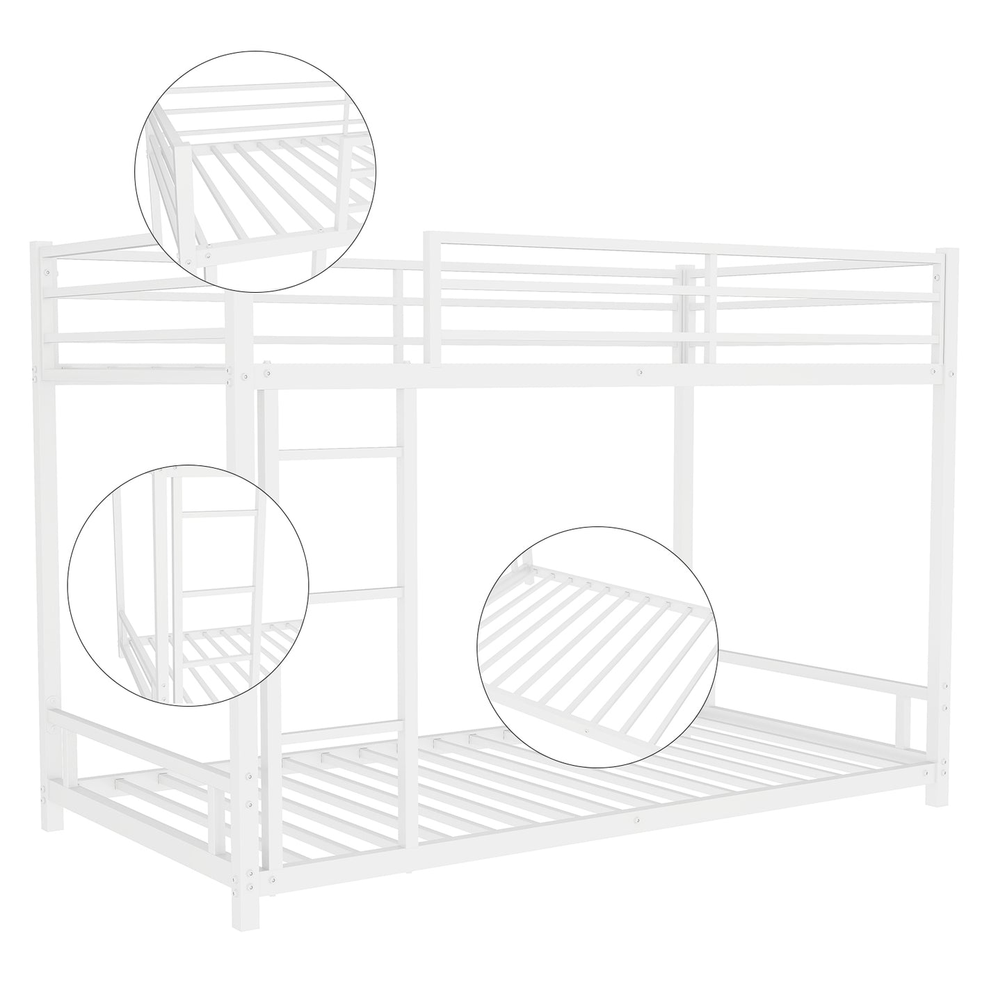 White metal twin bunk bed frame with ladder