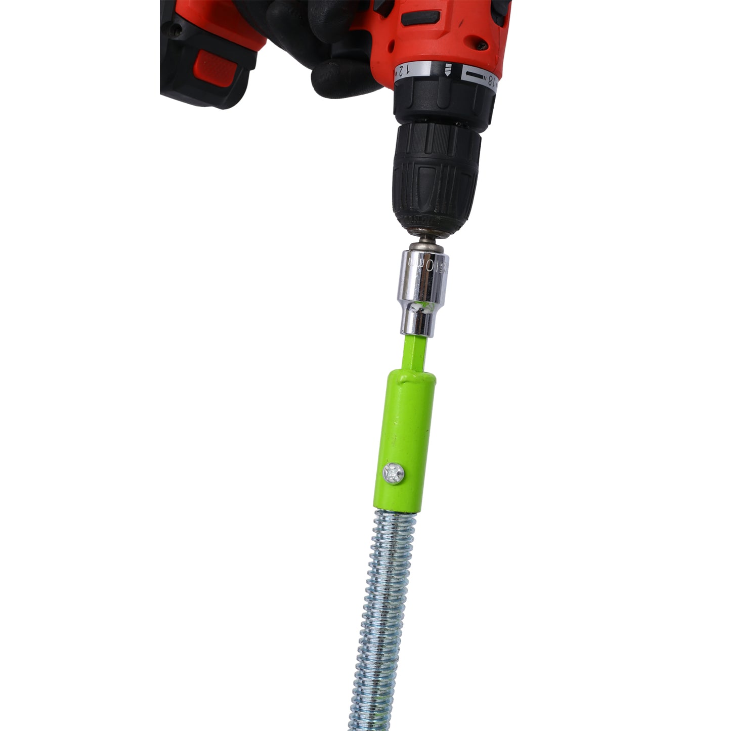 Red cordless drill with a green flexible drill extension bit attached