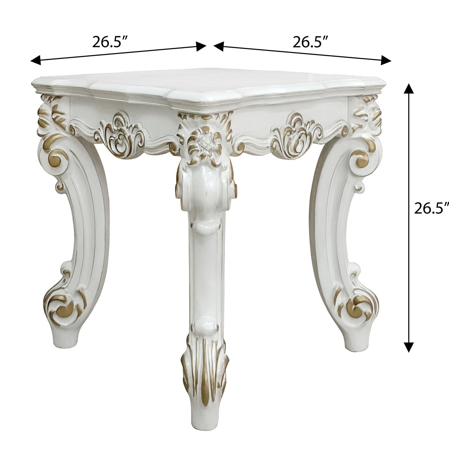 White ornate side table with gold accents and curved legs dimensions