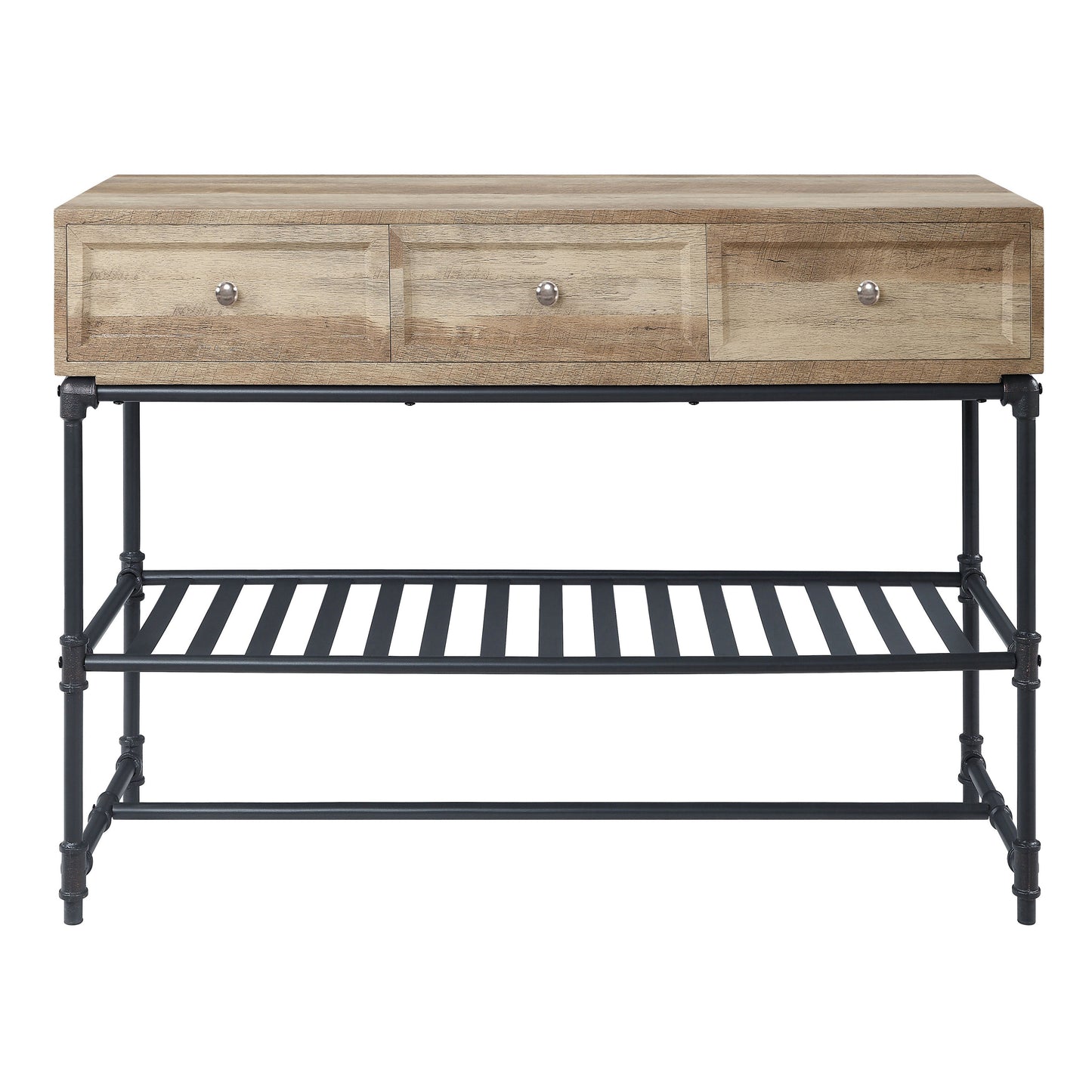 Rustic oak veneer console table with three drawers and black metal pipe legs