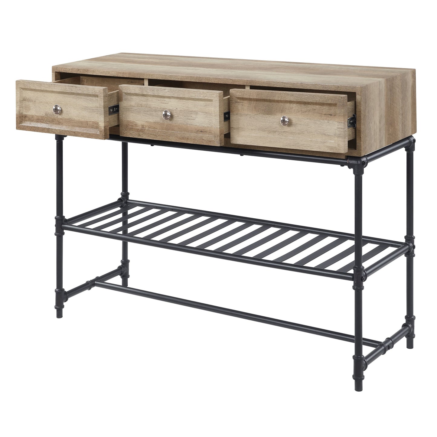 Light oak hallway console with three open drawers and a black metal pipe shelf